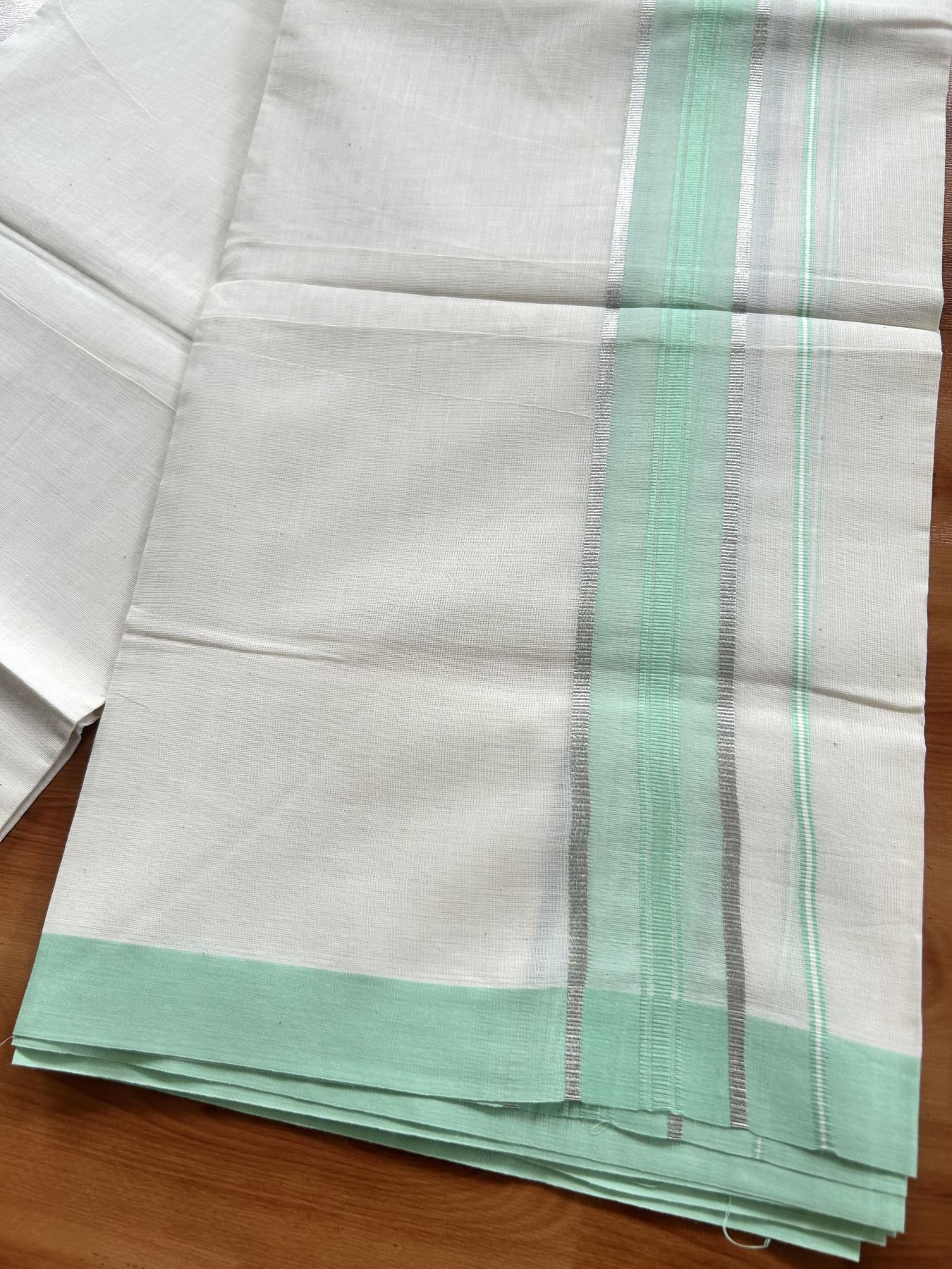 Double Off White (Unbleached) Mundu/Dhoti - 20% Discount! Kaitharikada Pure Cotton - 60s - 1.5 inch Silver Kasav & Mint Green Shaded Striped Kara 4 mtr (8.5 muzham) - 39 KK5460 PMC