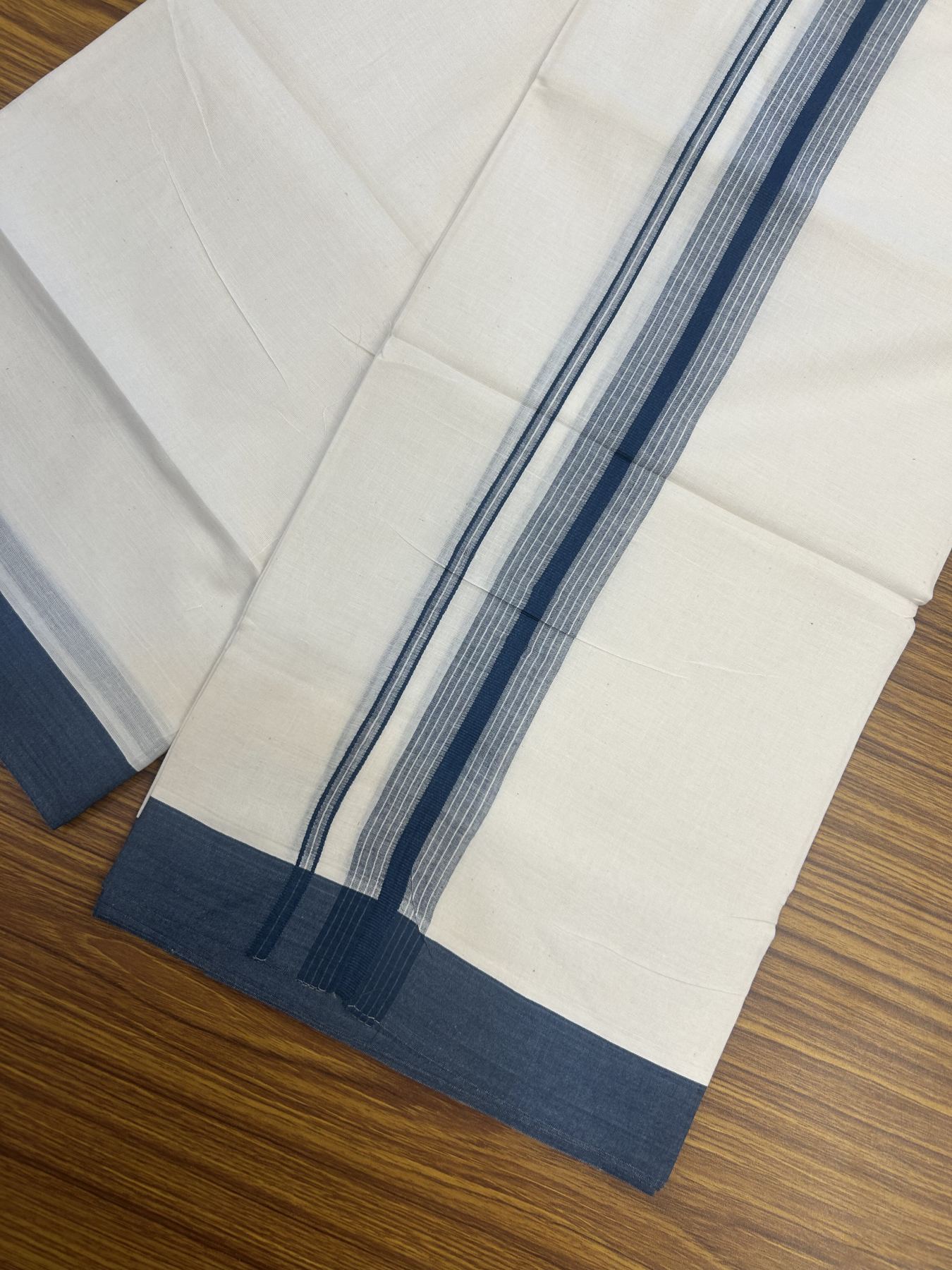 20% Discount! Kaitharikada Balaramapuram Double Off White Mundu/Dhoti - 100x80 - 1.75 Inch Dark Peacock Blue Shaded Stripes Kara 4 mtr (8.5 muzham) - 21 KK5311 VAS