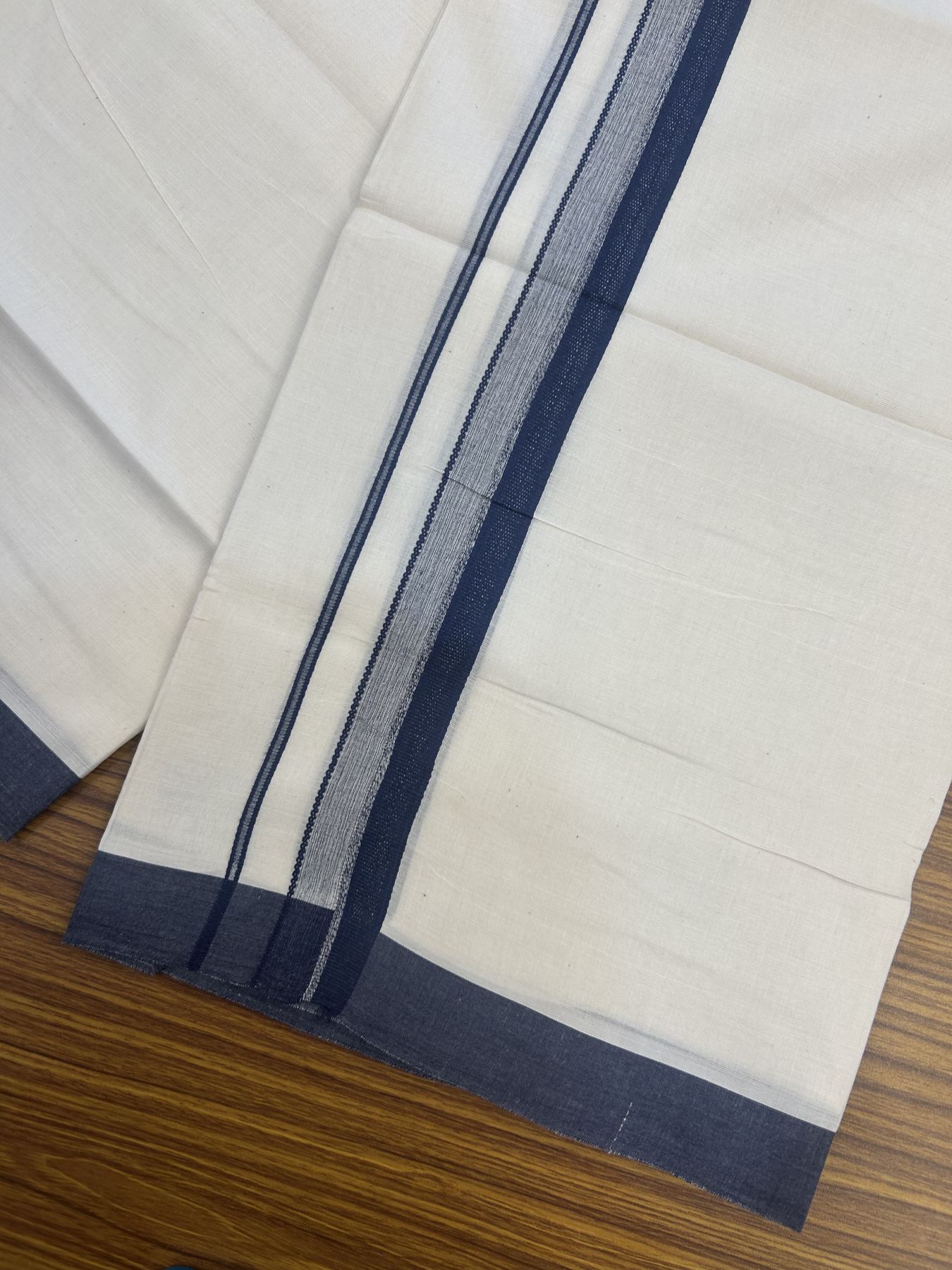 20% Discount! Kaitharikada Balaramapuram Double Off White Mundu/Dhoti -100x80 - 1.25 Inch Navy Blue Shaded Stripes Kara 4 mtr (8.5 muzham) - 16 KK5311 VAS