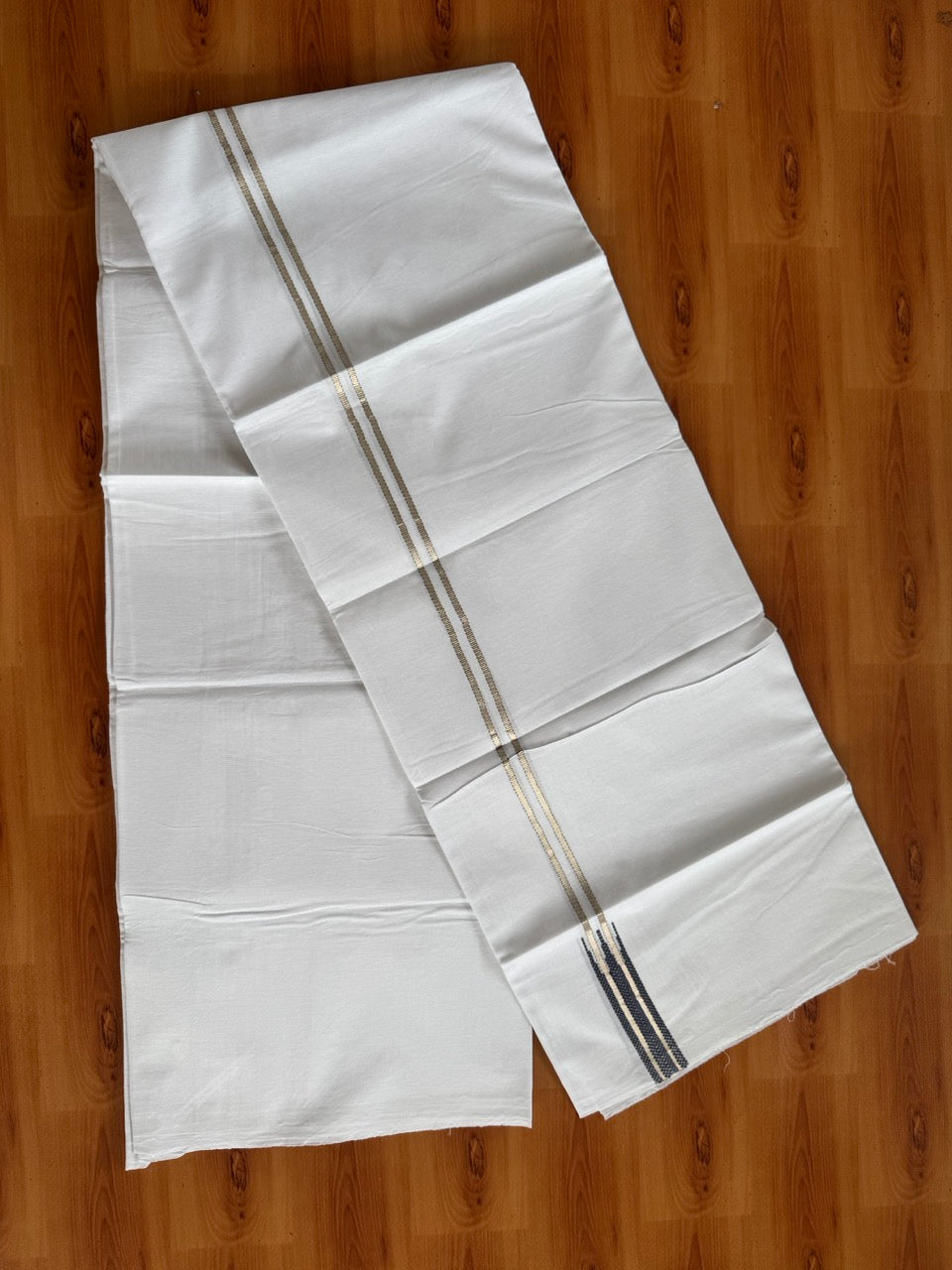 Pure white Double Mundu/Dhoti - 20% Discount! KaithariKada 100% Cotton - 100X80 - 0.75 inch Silver Kasav Dark Navy Blue Double Chutty Kara - 3.90 mtr (8.5 muzham) - 4 KK5480 CKS