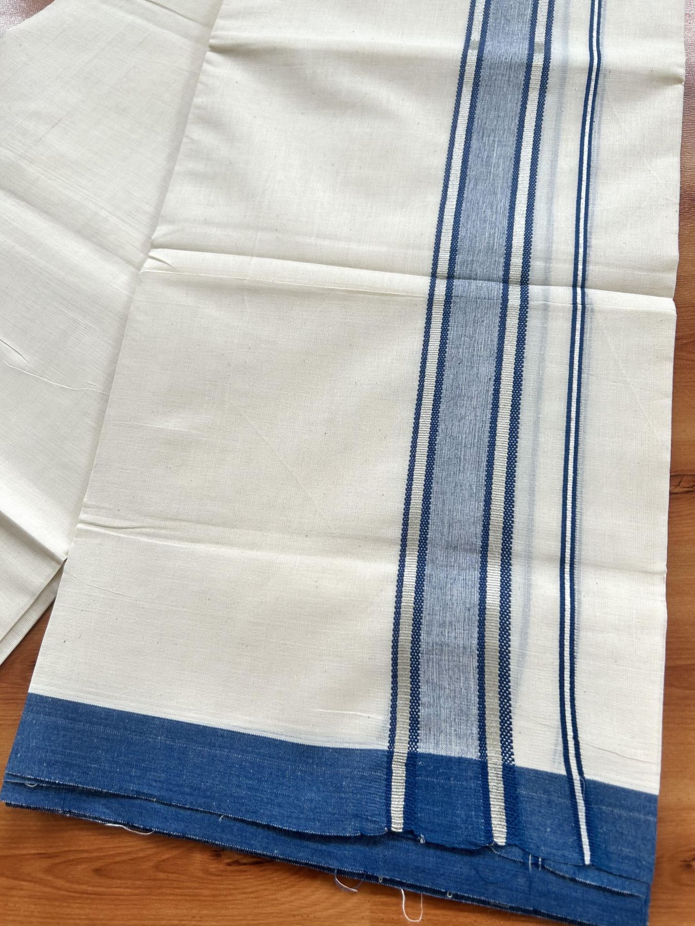 Double Off White (Unbleached) Mundu/Dhoti - 20% Discount! Kaitharikada Pure Cotton - 60s - 1.25 inch Silver Kasav & Peacock Blue Shaded Striped Kara 4 mtr (8.5 muzham) - 31 KK5460 PMC