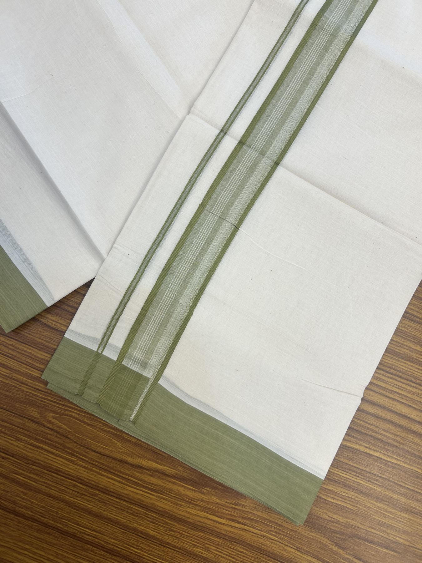 20% Discount! Kaitharikada Balaramapuram Double Off White Mundu/Dhoti -100x80 - 1.5 Inch Olive Green Stripes Kara 4 mtr (8.5 muzham) - 8 KK5311 VAS