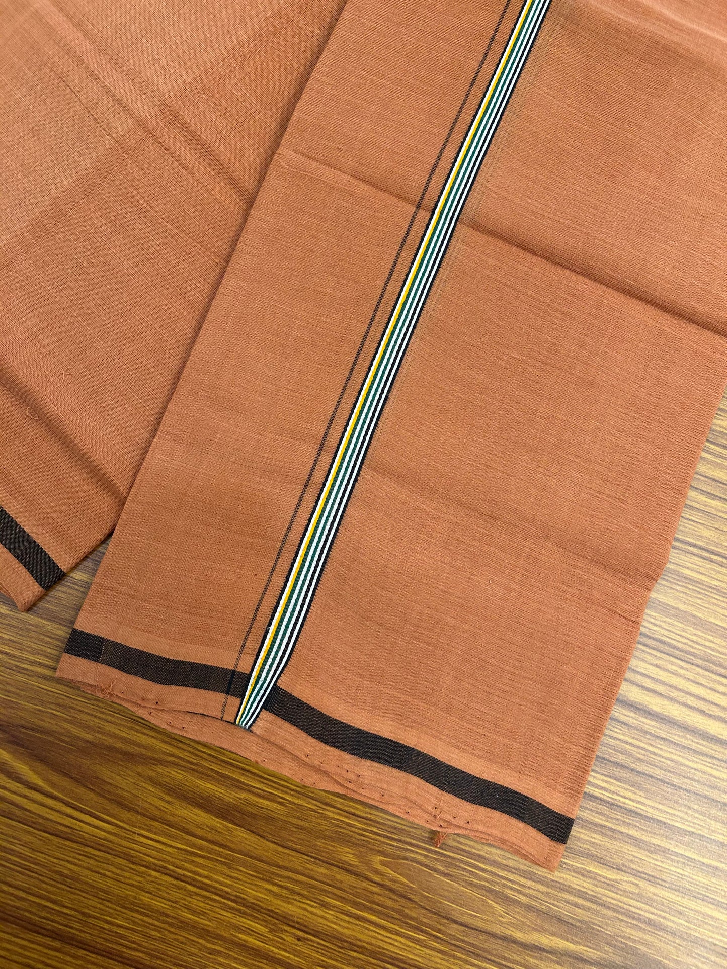 Kerala Handloom Single - KaithariKada 100% Pure Cotton - Mundu/Dhoti Kavi Body & 0.75 inch Green Black & Yellow Striped Kara - (2 meter / 4 muzham)- 44 KK8051 ELA