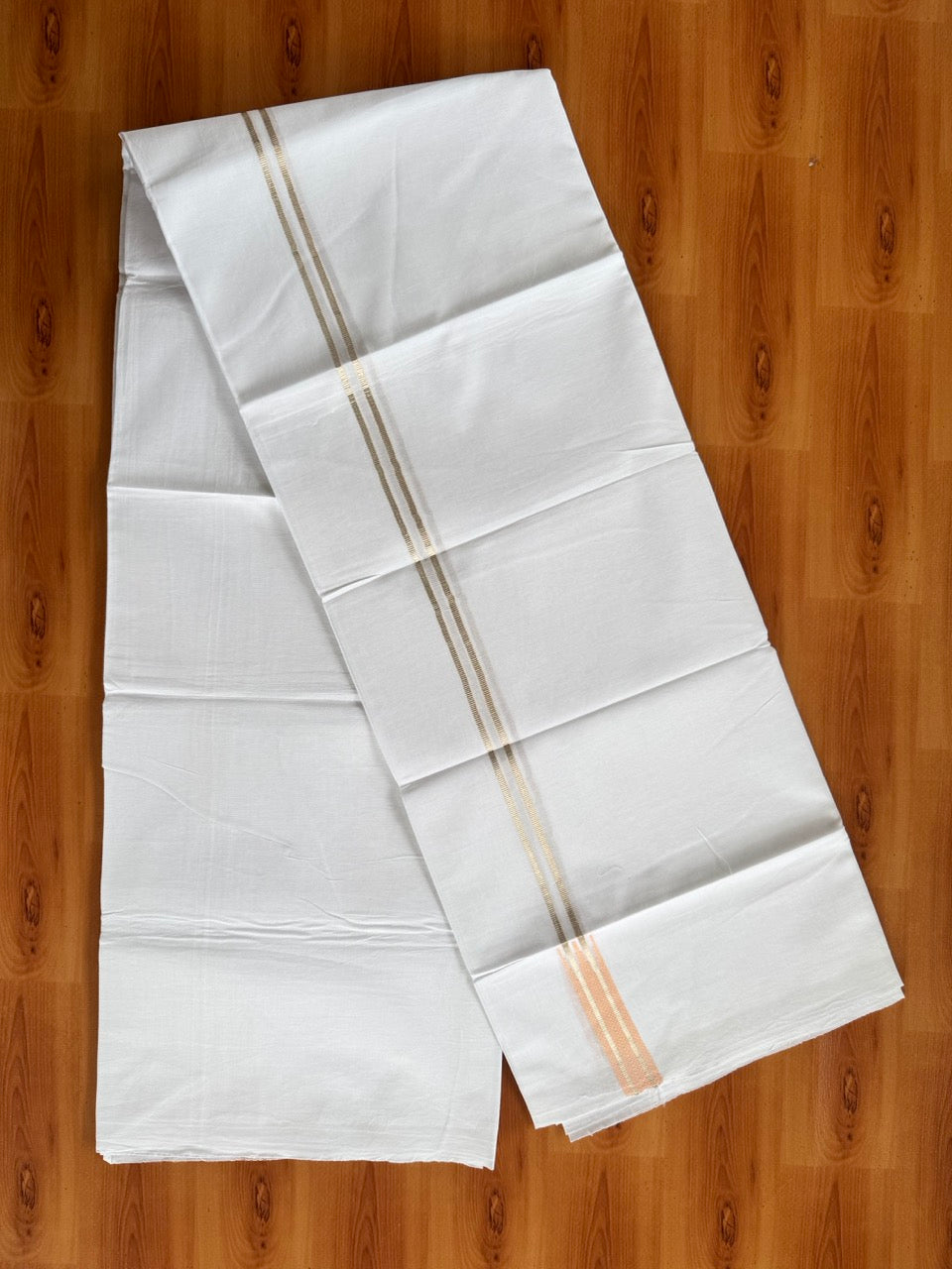 Pure white Double Mundu/Dhoti - 20% Discount! KaithariKada 100% Cotton - 100X80 - 0.75 inch Silver Kasav Peach Double Chutty Kara - 3.90 mtr (8.5 muzham) - 6 KK5480 CKS