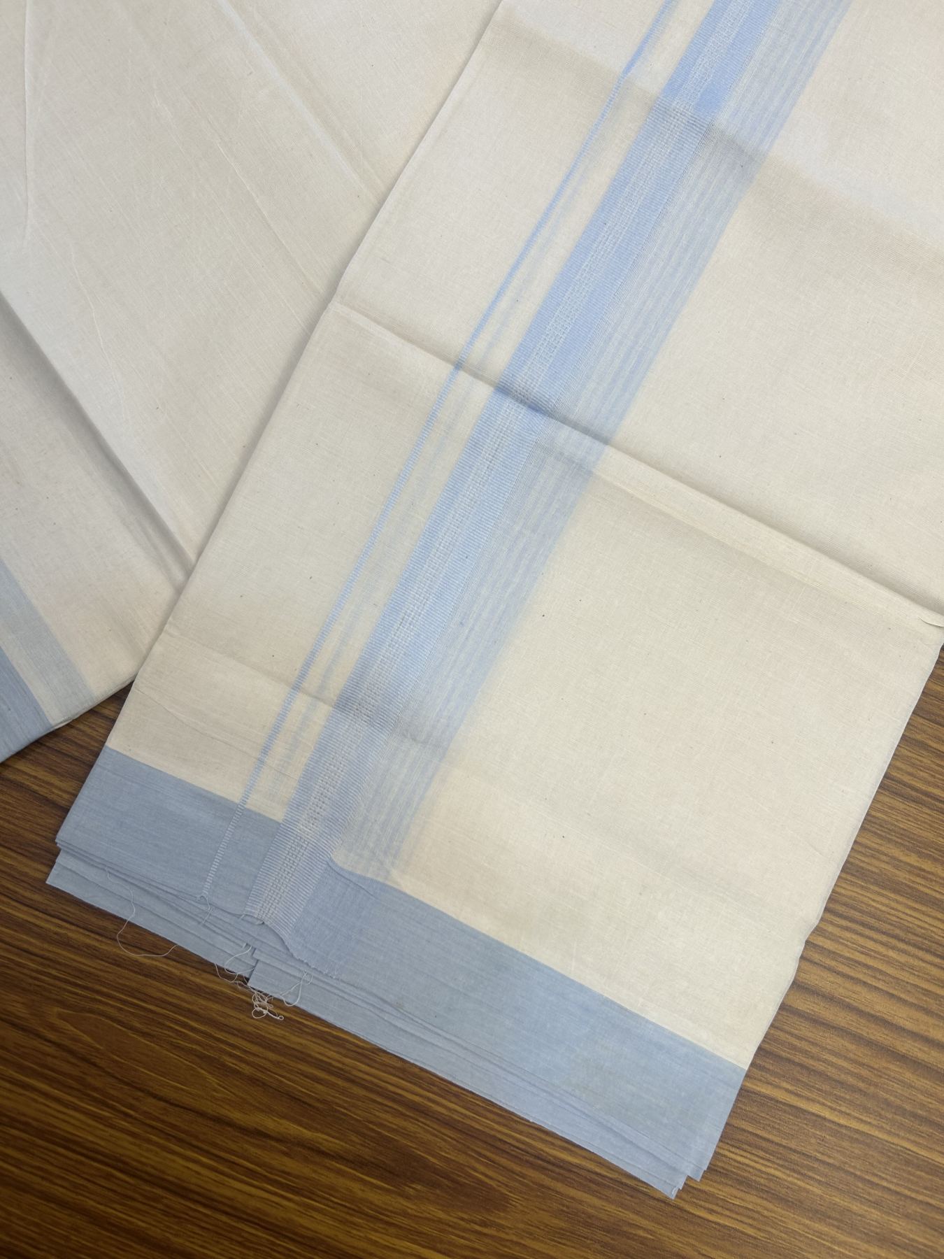 20% Discount! Kaitharikada Balaramapuram Double Off White Mundu/Dhoti - 100x80 - 1.75 Inch Light Sky Blue Shaded Stripes Kara 4 mtr (8.5 muzham) - 19 KK5311 VAS