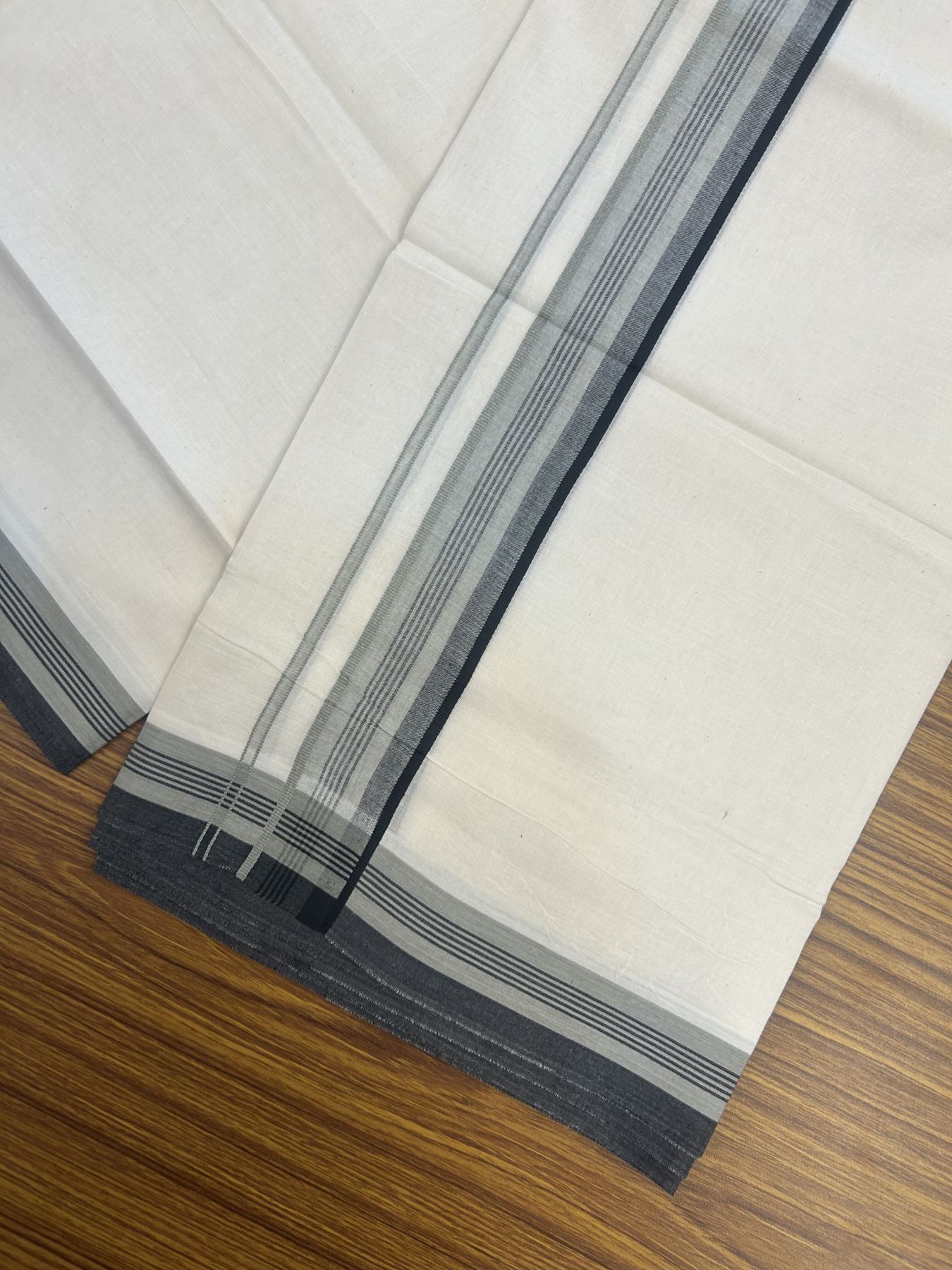 20% Discount! Kaitharikada Balaramapuram Double Off White Mundu/Dhoti - 100x80 - 1.5 Inch Black Shaded Stripes Kara 4 mtr (8.5 muzham) - 28 KK5311 VAS