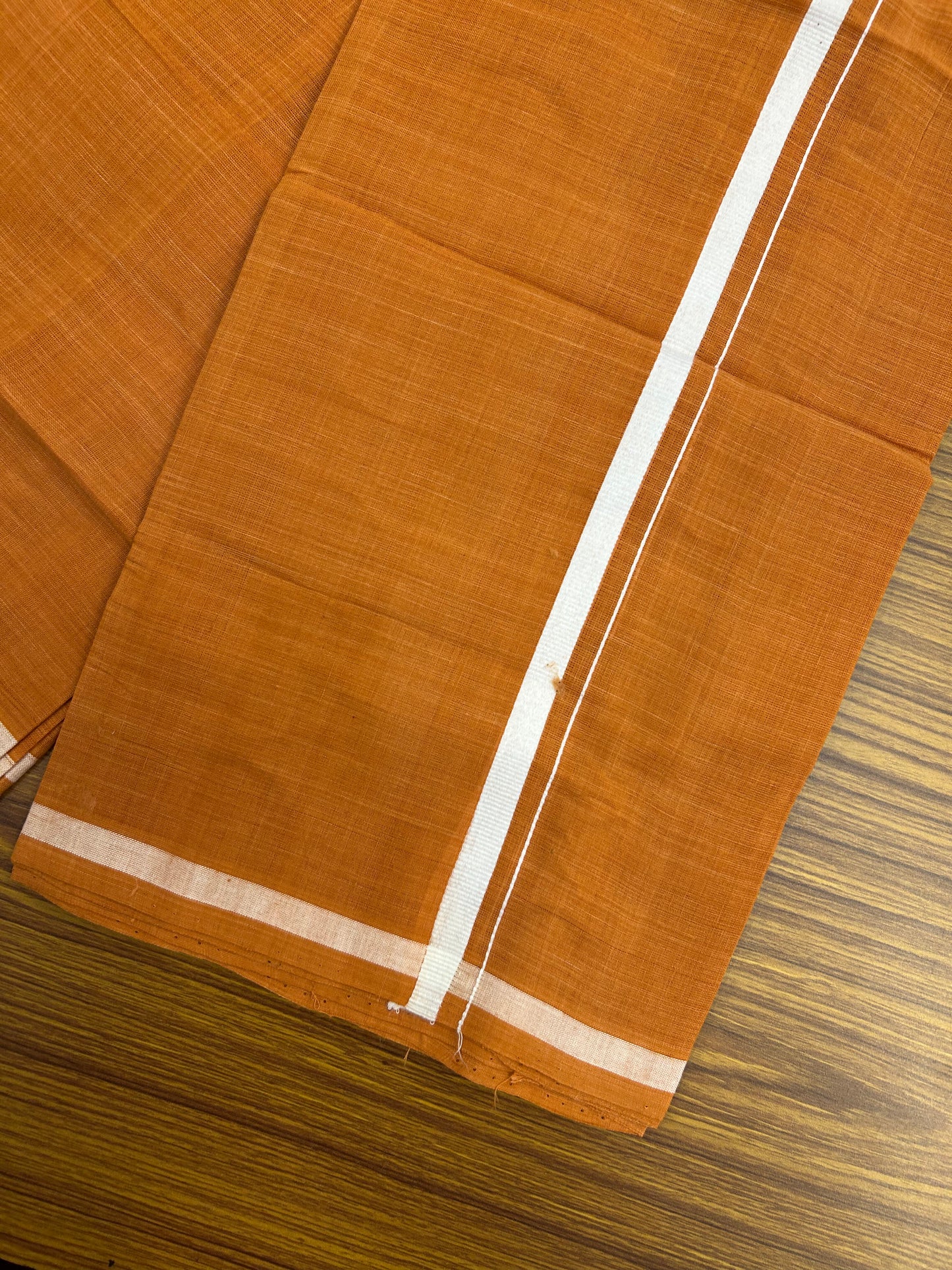 Kerala Handloom Single - KaithariKada 100% Pure Cotton - Mundu/Dhoti Orange Brown Body & 0.5 inch White Kara - (2 meter / 4 muzham)- 19 KK8051 ELA