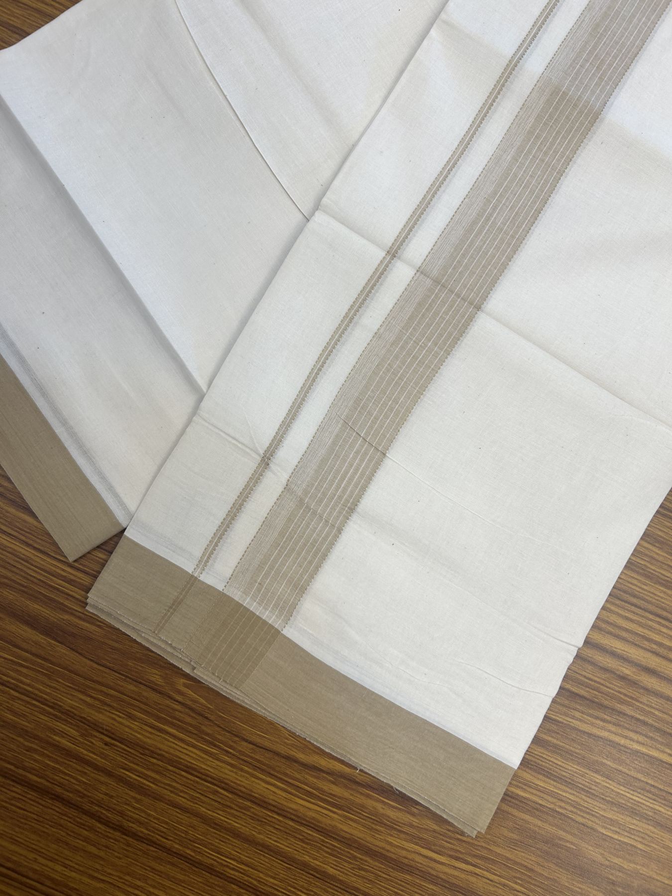 20% Discount! Kaitharikada Balaramapuram Double Off White Mundu/Dhoti - 100x80 - 1.5 Inch Sand Brown Shaded Stripes Kara 4 mtr (8.5 muzham) - 24 KK5311 VAS