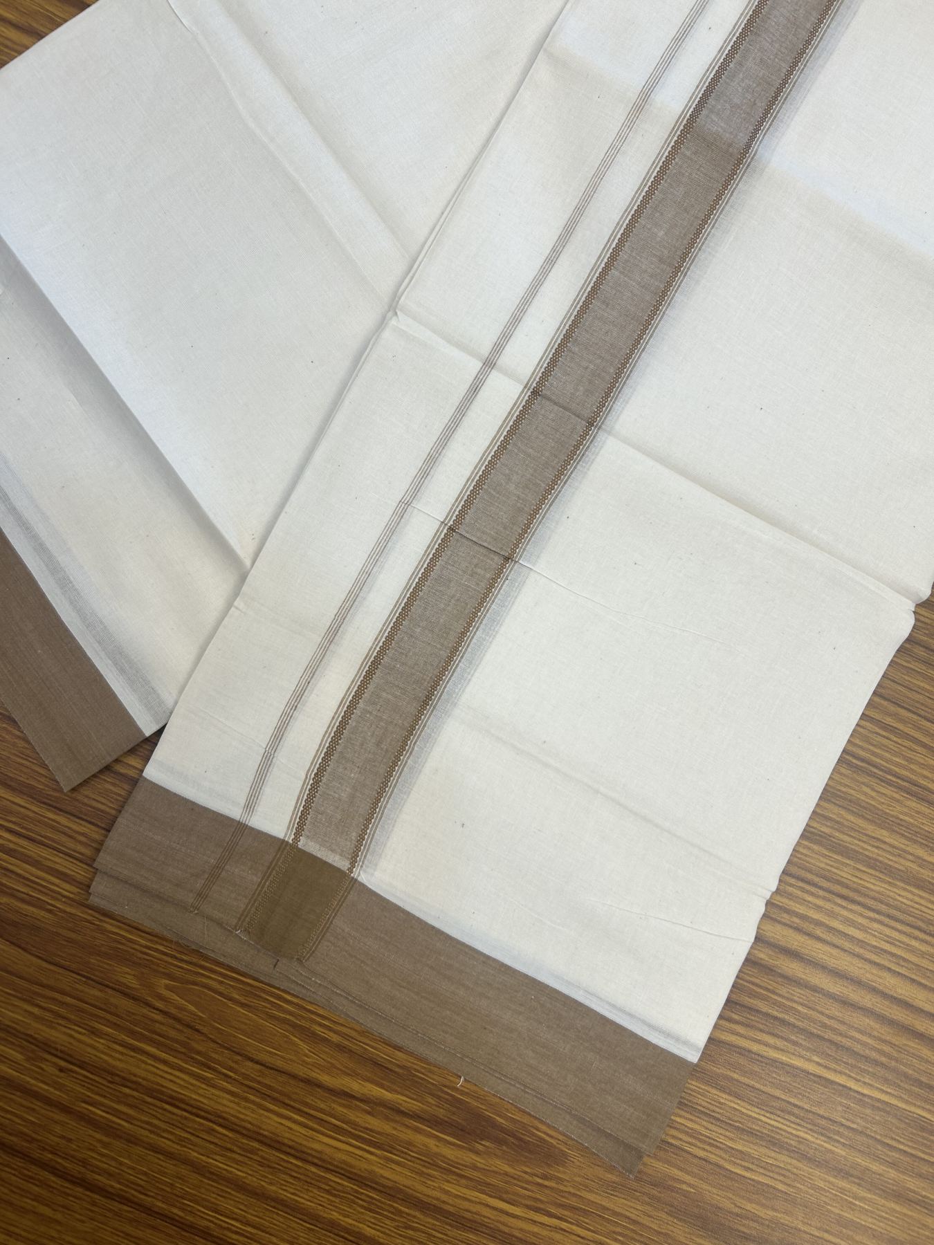 20% Discount! Kaitharikada Balaramapuram Double Off White Mundu/Dhoti -100x80 - 1.25 Inch Caramel Brown Shaded Stripes Kara 4 mtr (8.5 muzham) - 11 KK5311 VAS