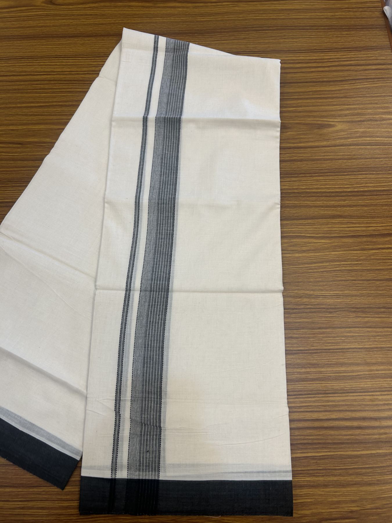 20% Discount! Kaitharikada Balaramapuram Double Off White Mundu/Dhoti - 100x80 - 1.25 Inch Black Shaded Stripes Kara 4 mtr (8.5 muzham) - 18 KK5311 VAS