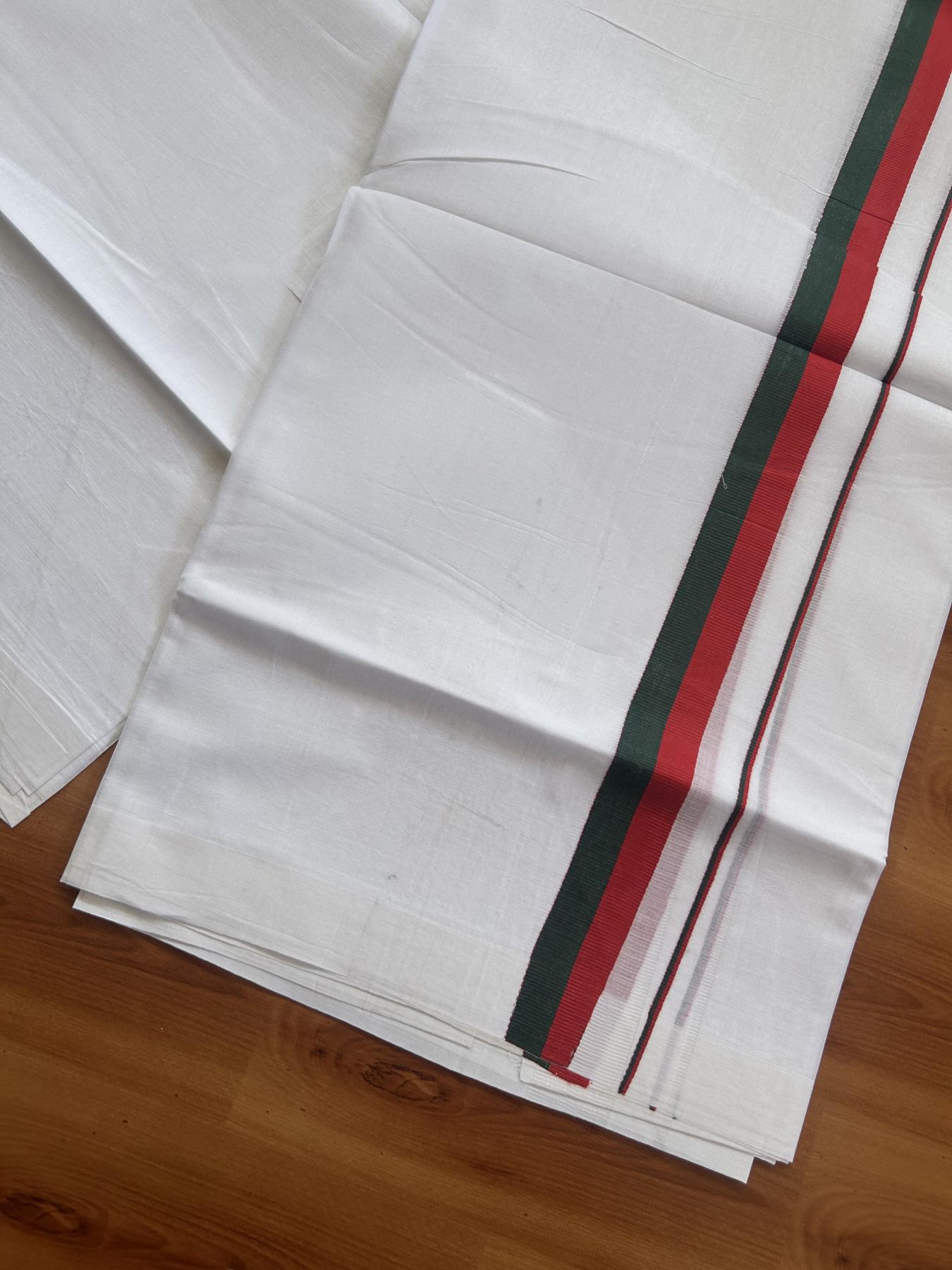 Sdpi Veshti - 20% Discount ! KaithariKada 100% Cotton Pure White Double Mundu/Dhoti - 100X80 - 1 inch Red & Green kara - 3.75m & 3.70m (8 muzham) - 1 KK5388 PMC