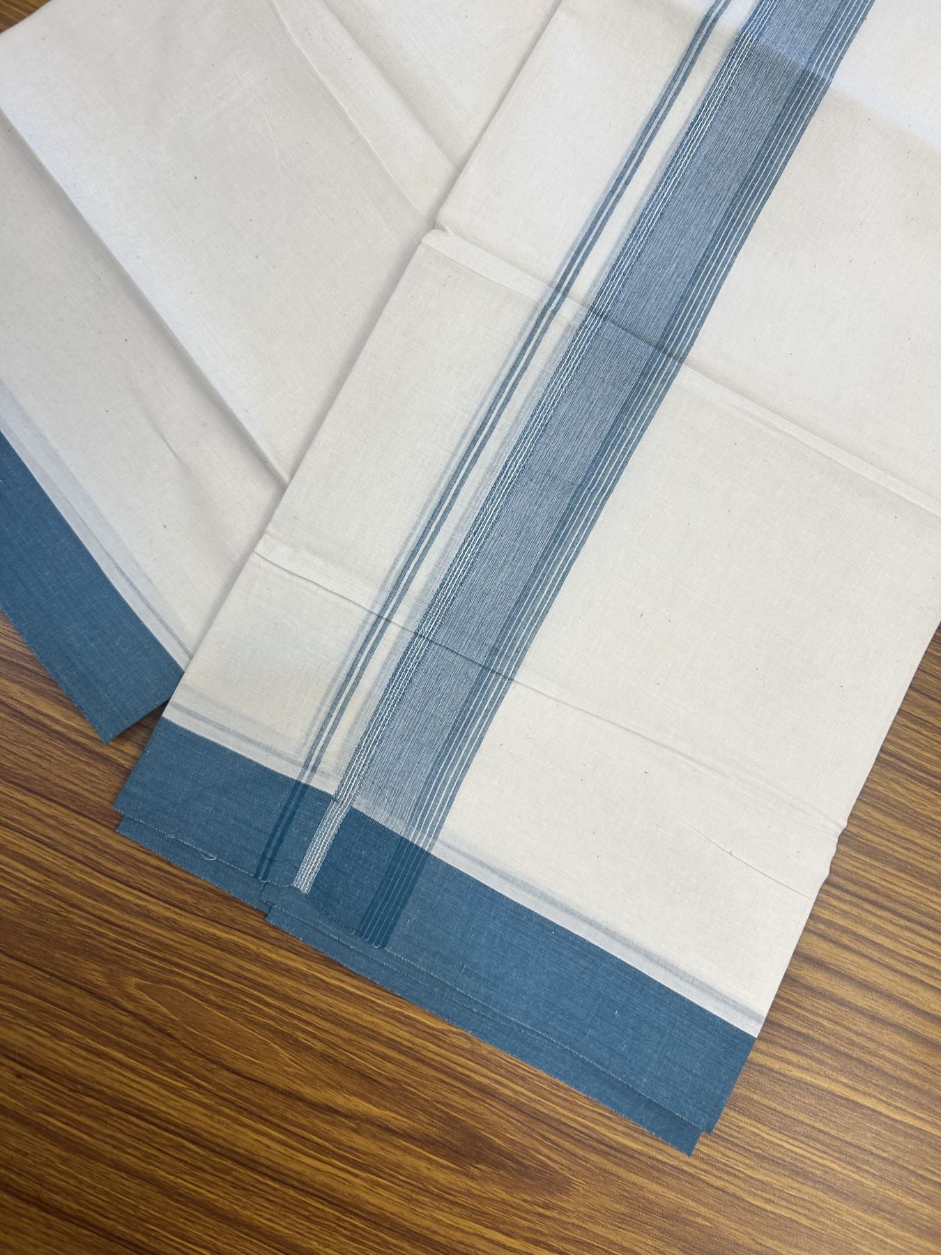 20% Discount! Kaitharikada Balaramapuram Double Off White Mundu/Dhoti - 100x80 - 1.75 Inch Peacock Blue Shaded Stripes Kara 4 mtr (8.5 muzham) - 20 KK5311 VAS