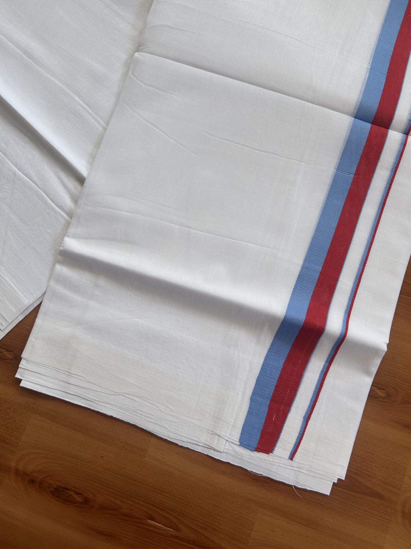 Vck Veshti - 20% Discount ! KaithariKada 100% Cotton Pure White Double Mundu/Dhoti - 100X80 - 1 inch Red & Blue kara 3.70m & 3.75m (8 muzham) - 2 KK5388 PMC