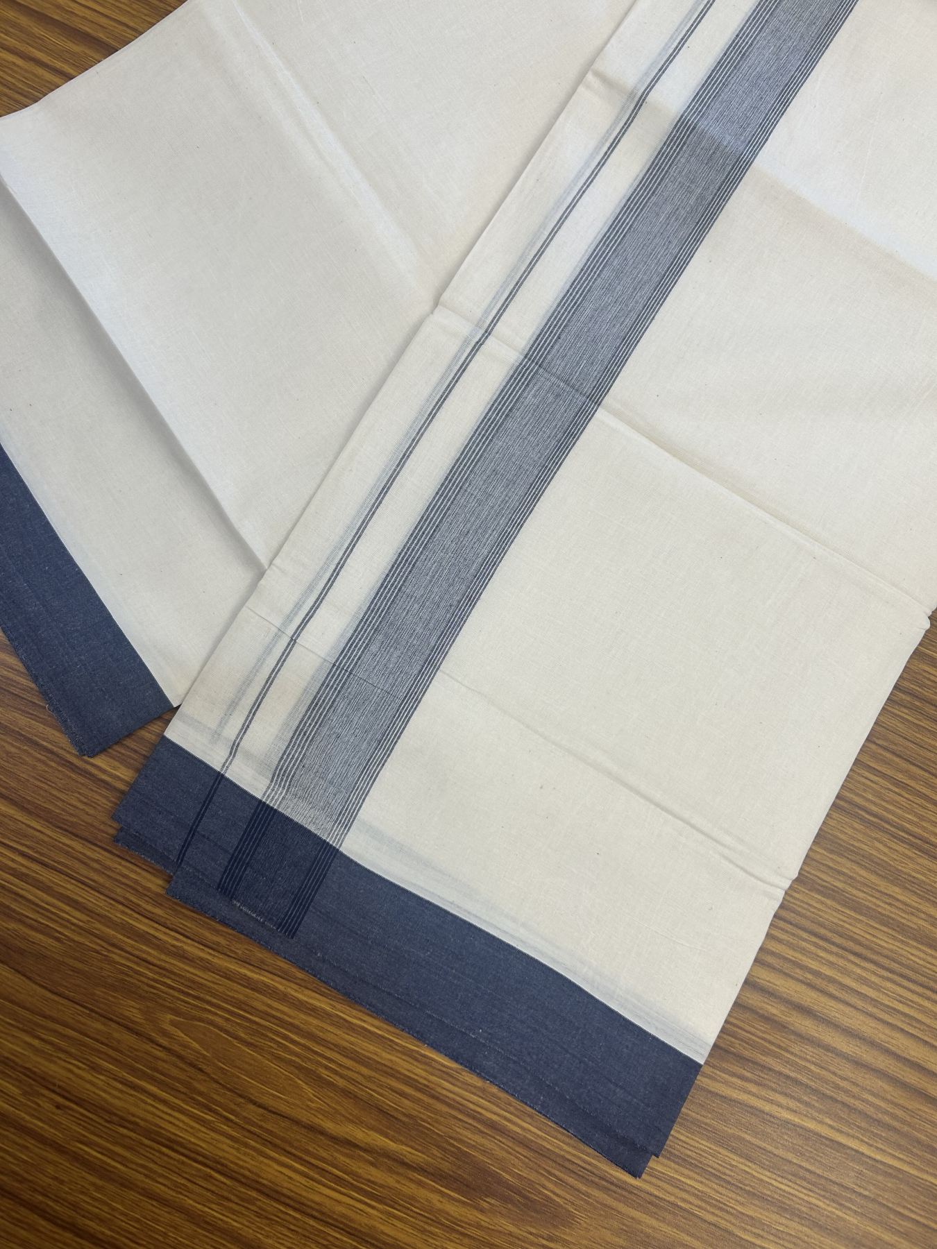 20% Discount! Kaitharikada Balaramapuram Double Off White Mundu/Dhoti -100x80 - 1.5 Inch Navy Blue Shaded Stripes Kara 4 mtr (8.5 muzham) - 13 KK5311 VAS