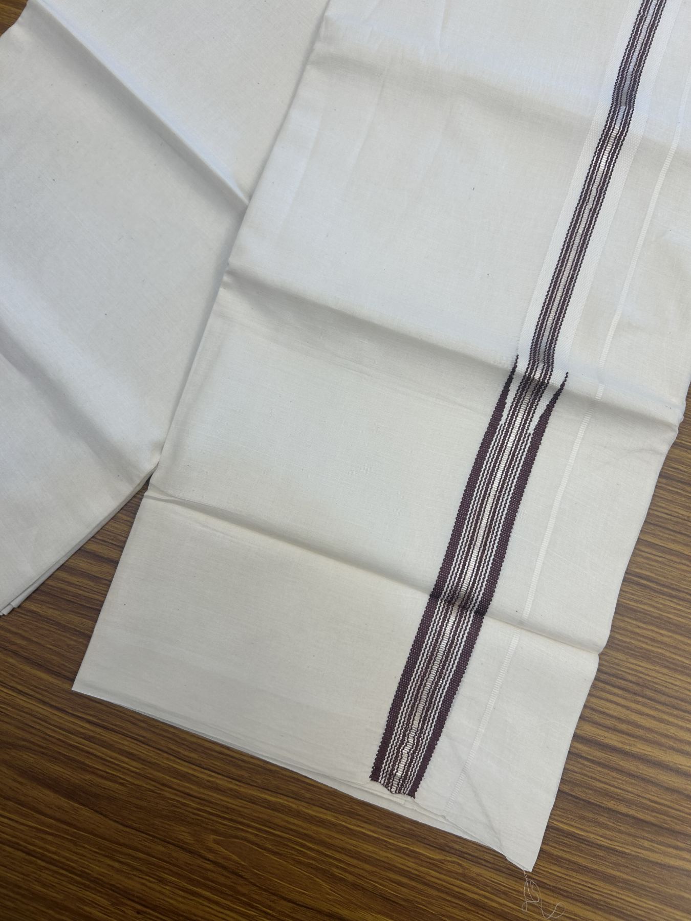 20% Discount!! KaithariKada Balaramapuram Pure Cotton Double Off White - (Unbleached) - Mundu/Dhoti - 100x80 - 1 inch Puliyilakkara Silver Kasav & Burnt Maroon Stripes One Side Chutty Kara 4 mtr (8.5 muzham) - 35 KK5311 VAS