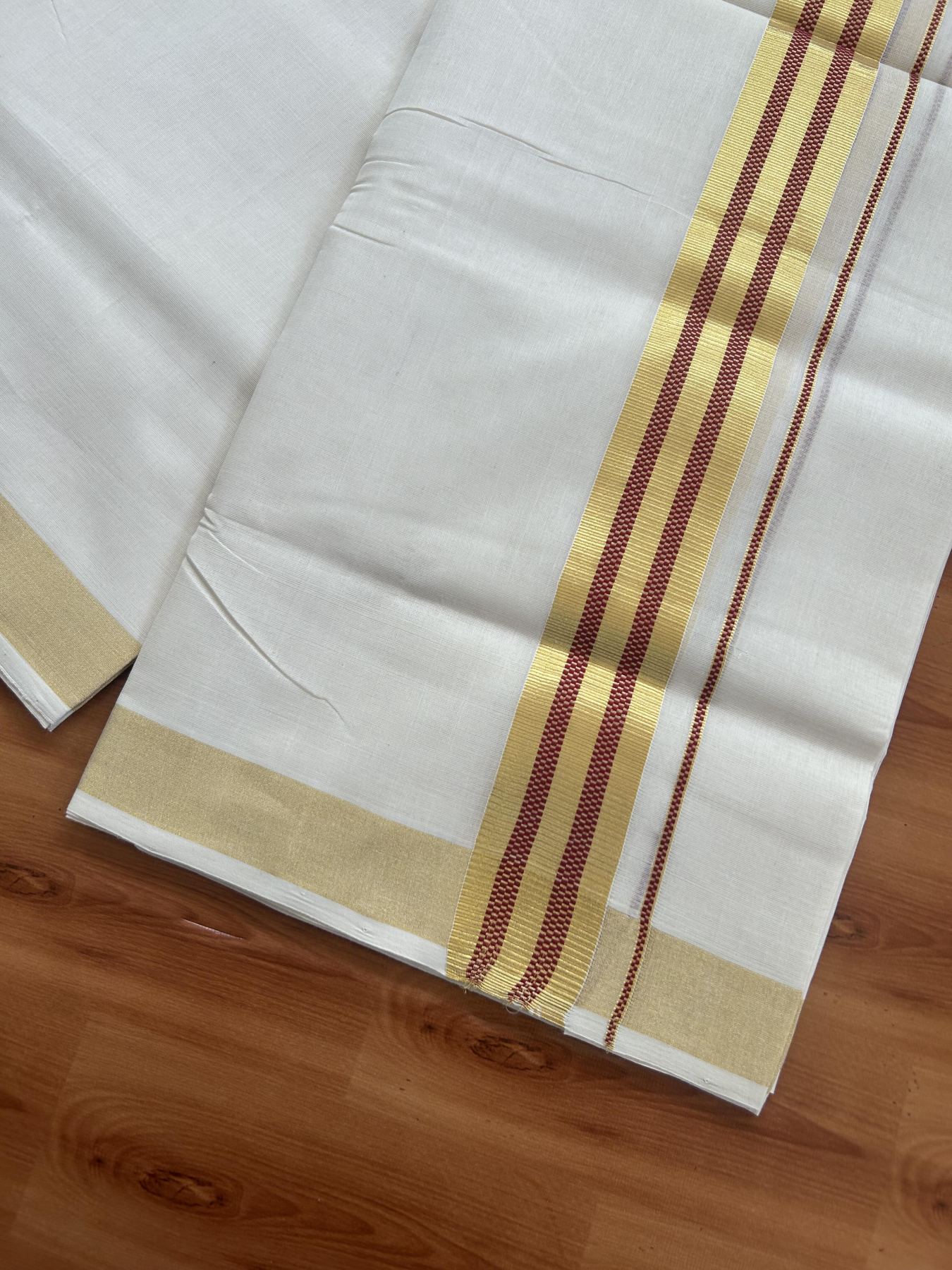 25% Discount ! Kaitharikada Handloom Unakkupaav - Kerala Handloom - 100% Pure Cotton Off White - (Unbleached) Double Mund/Dhoti - 100x80 - 1.75 inch Gold Kasav & Maroon Jacquard Design Kara 4 mtr (8.5 Muzham) - 32 KK5384 ABH