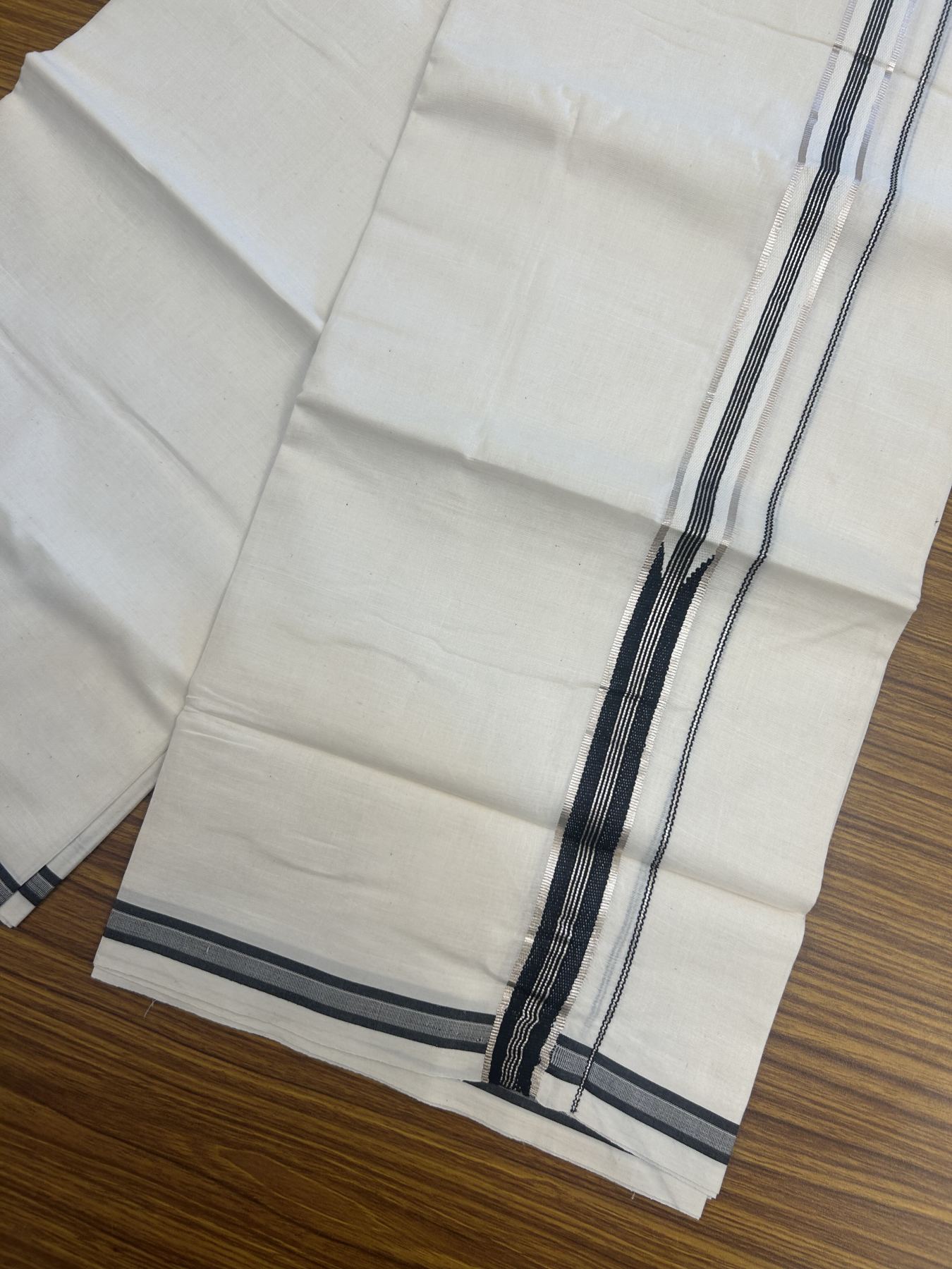 20% Discount!! KaithariKada Balaramapuram Pure Cotton Double Off White - (Unbleached) - Mundu/Dhoti - 100x80 - 1 inch Puliyilakkara Silver Kasav & Black Stripes One Side Chutty Kara 4 mtr (8.5 muzham) - 37 KK5311 VAS