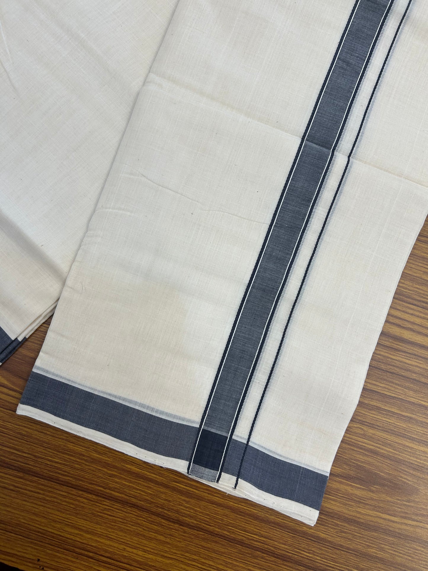 25% Discount KaithariKada Handloom Unakkupaav - Kerala Handloom - 100% Pure Cotton off white (Unbleached) Double Mundu/Dhoti - (80s) - 1 inch Dark Blue Grey Striped Kara 4 mtr (8.5 muzham) - 1 KK5368 ELA