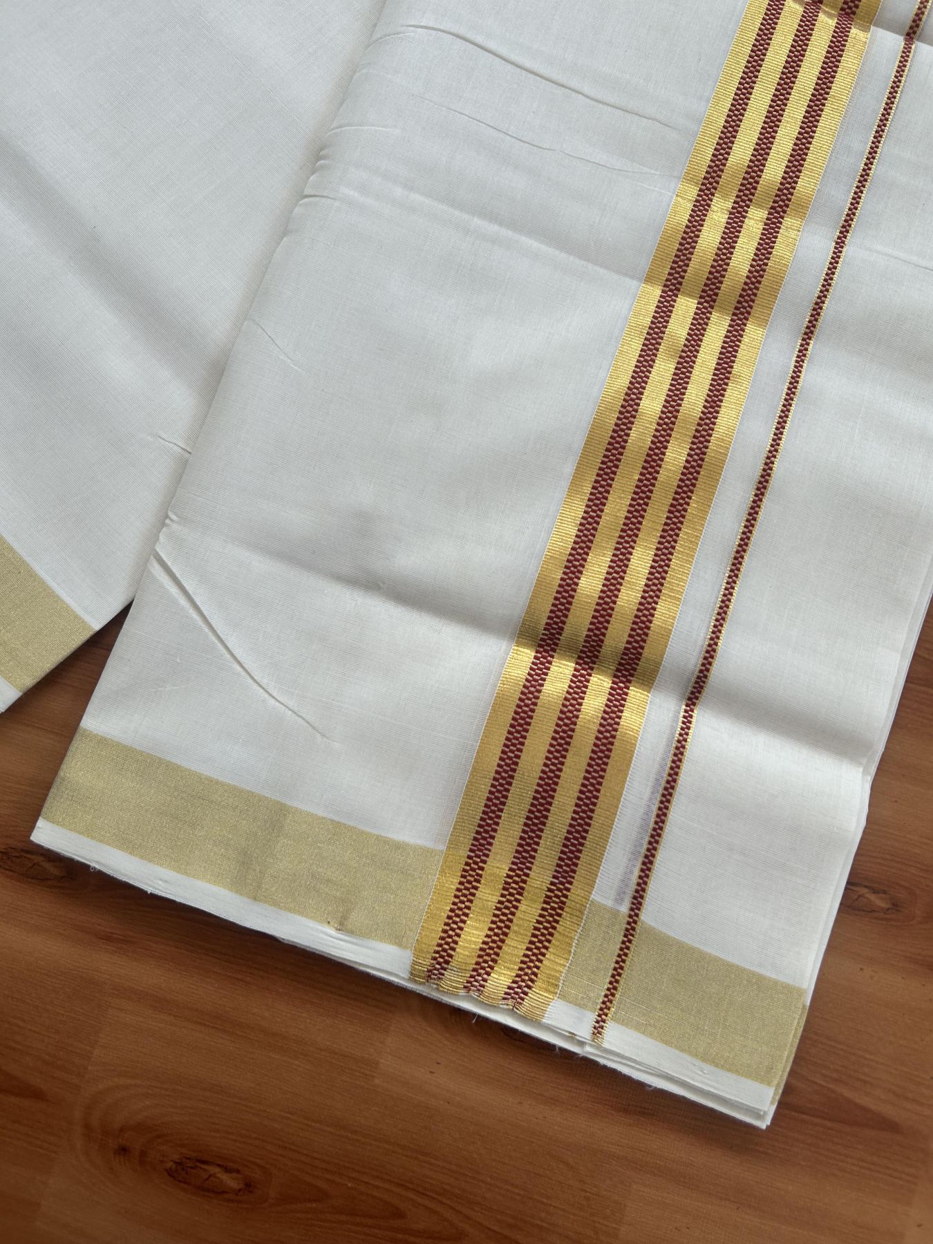 25% Discount ! Kaitharikada Handloom Unakkupaav - Kerala Handloom - 100% Pure Cotton Off White - (Unbleached) Double Mund/Dhoti - 100x80 - 1.75 inch Gold Kasav & Maroon Jacquard Design Kara 4 mtr (8.5 Muzham) - 33 KK5384 ABH