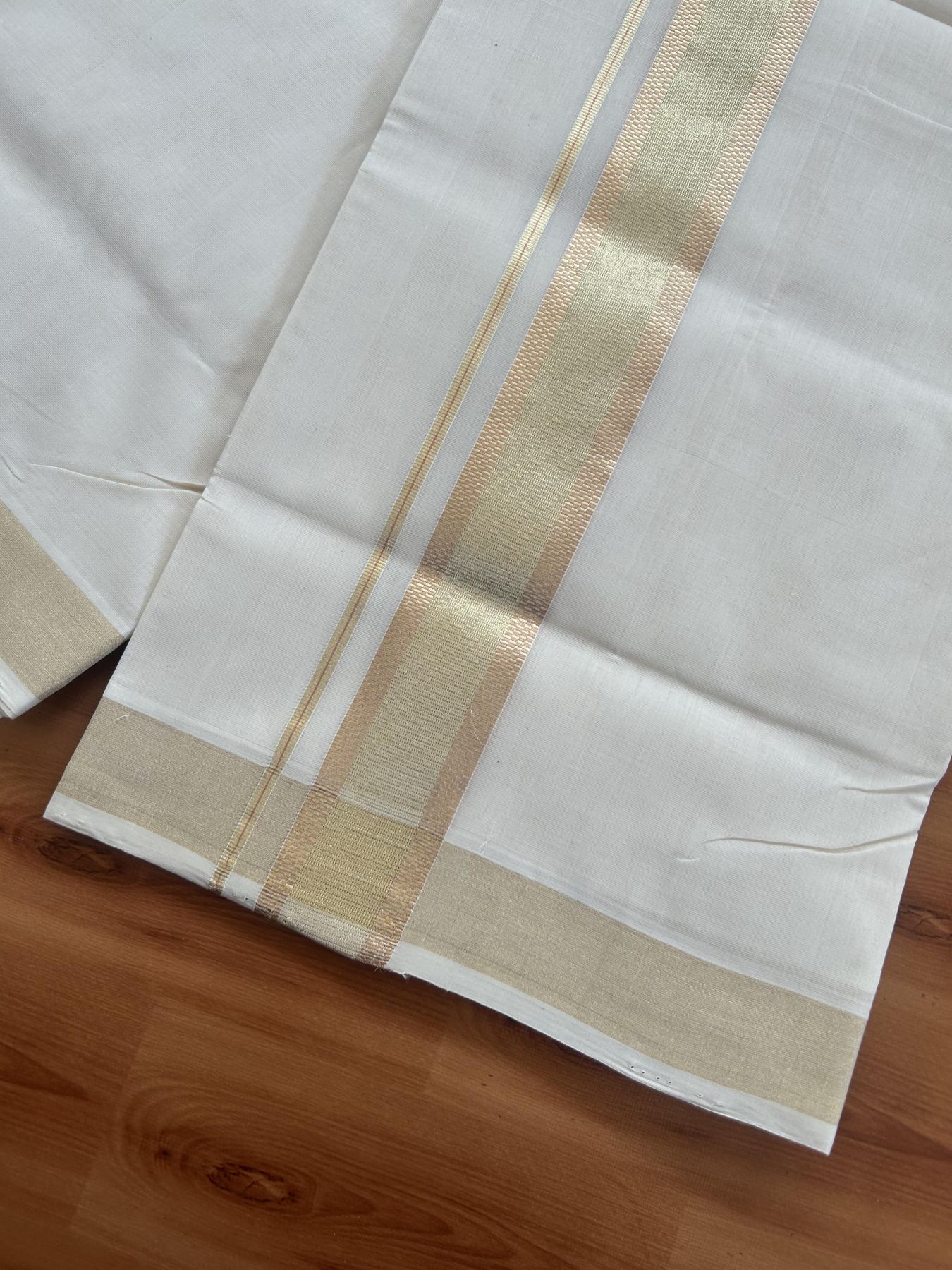 25% Discount ! Kaitharikada Handloom Unakkupaav - Kerala Handloom - 100% Pure Cotton Off White - (Unbleached) Double Mund/Dhoti - 100x80 - 1.75 inch Light Gold & Copper Kasav Jacquard Design Kara 4 mtr (8.5 Muzham) - 35 KK5384 ABH