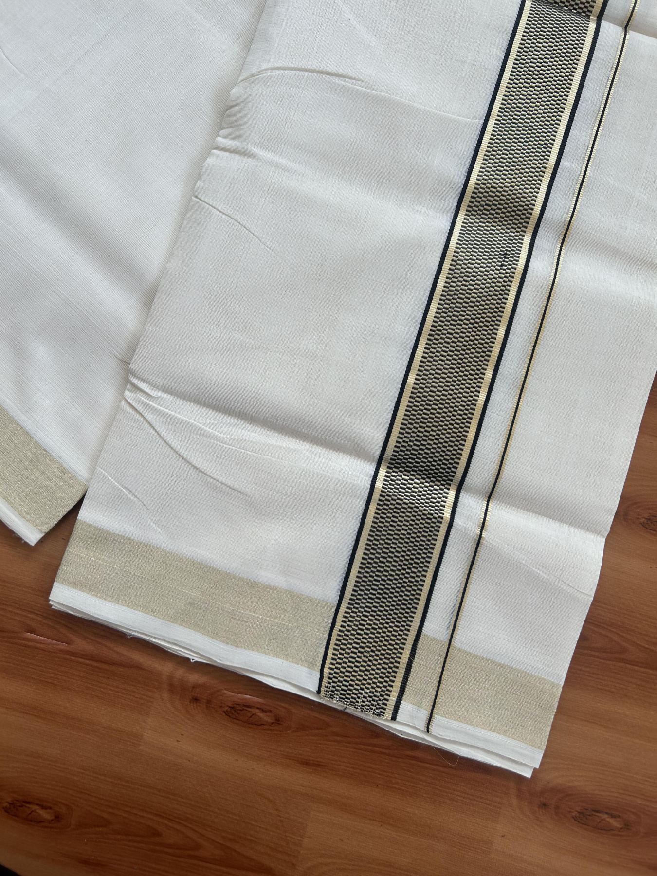 25% Discount ! Kaitharikada Handloom Unakkupaav - Kerala Handloom - 100% Pure Cotton Off White - (Unbleached) Double Mund/Dhoti - 100x80 - 1.75 inch Gold Kasav & Black Jacquard Design Kara 4 mtr (8.5 Muzham) - 26 KK5384 ABH