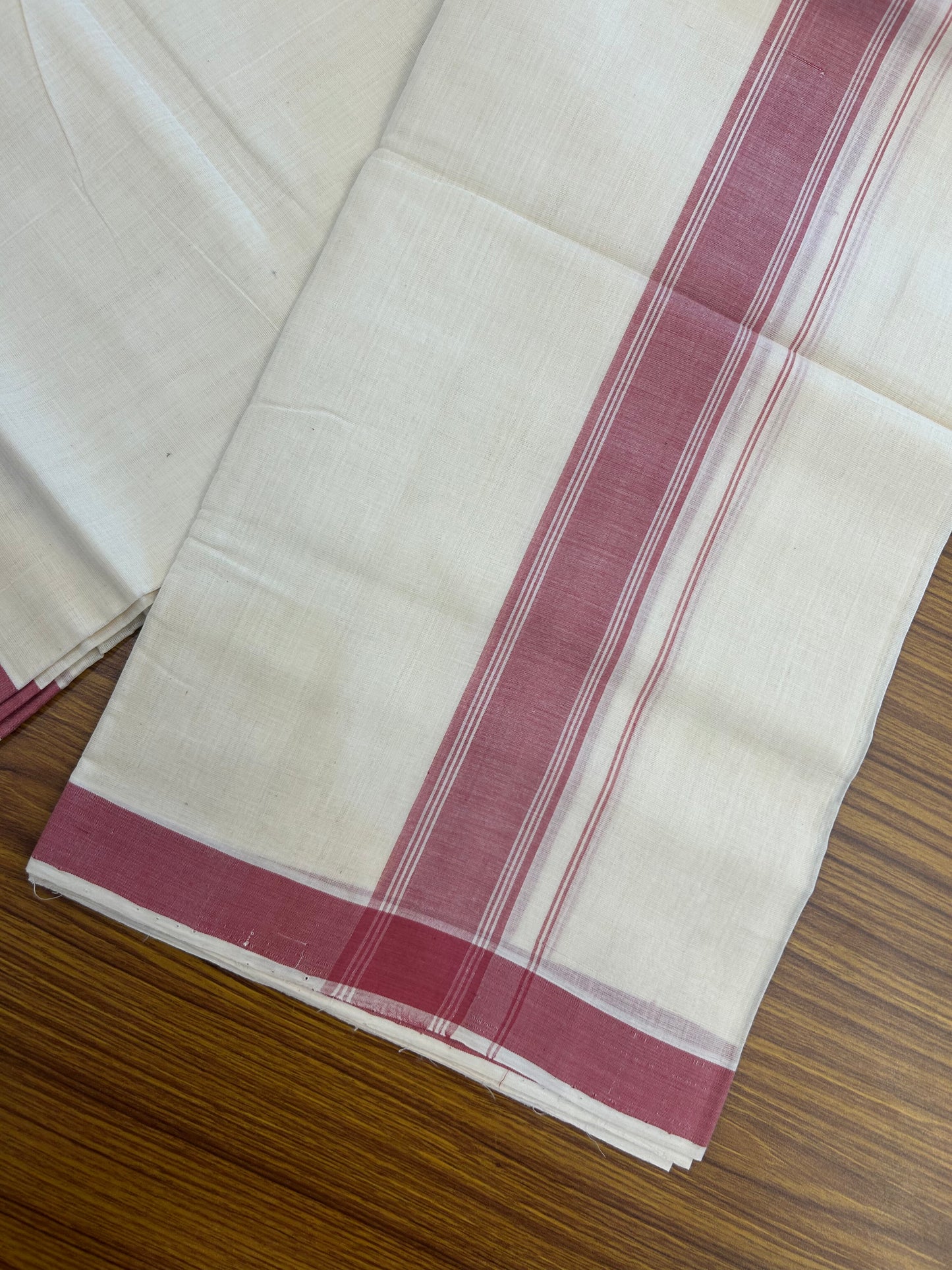 25% Discount KaithariKada Handloom Unakkupaav - Kerala Handloom - 100% Pure Cotton off white (Unbleached) Double Mundu/Dhoti - (80s) - 1.75 inch Dark Rose Striped Kara 4 mtr (8.5 muzham) - 3 KK5368 ELA