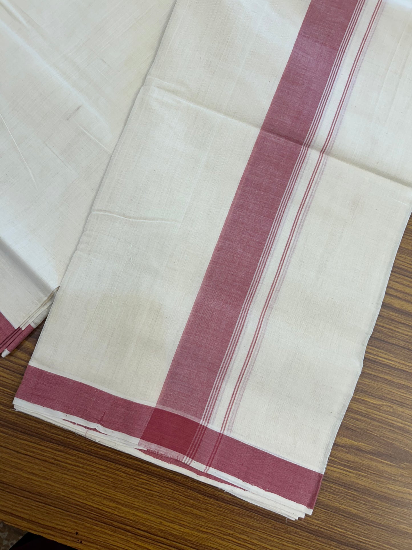 25% Discount KaithariKada Handloom Unakkupaav - Kerala Handloom - 100% Pure Cotton off white (Unbleached) Double Mundu/Dhoti - (80s) - 1.5 inch Dark Rose Striped Kara 4 mtr (8.5 muzham) - 4 KK5368 ELA