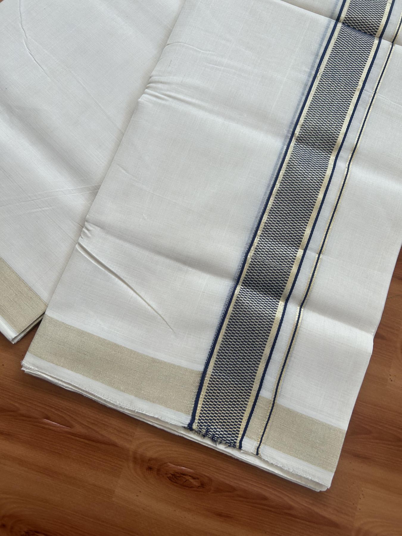 25% Discount ! Kaitharikada Handloom Unakkupaav - Kerala Handloom - 100% Pure Cotton Off White - (Unbleached) Double Mund/Dhoti - 100x80 - 1.5 inch Gold Kasav & Navy Blue Jacquard Design Kara 4 mtr (8.5 Muzham) - 28 KK5384 ABH