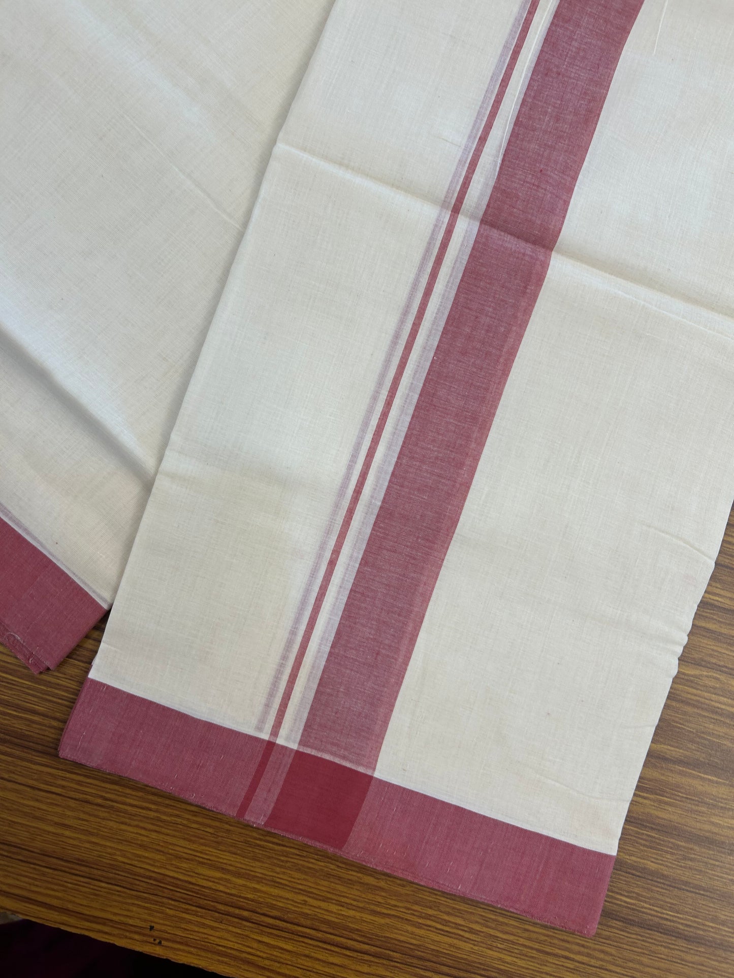 25% Discount KaithariKada Handloom Unakkupaav - Kerala Handloom - 100% Pure Cotton off white (Unbleached) Double Mundu/Dhoti - (80s) - 1.25 inch Dark Rose Shaded Kara 4 mtr (8.5 muzham) - 5 KK5368 ELA