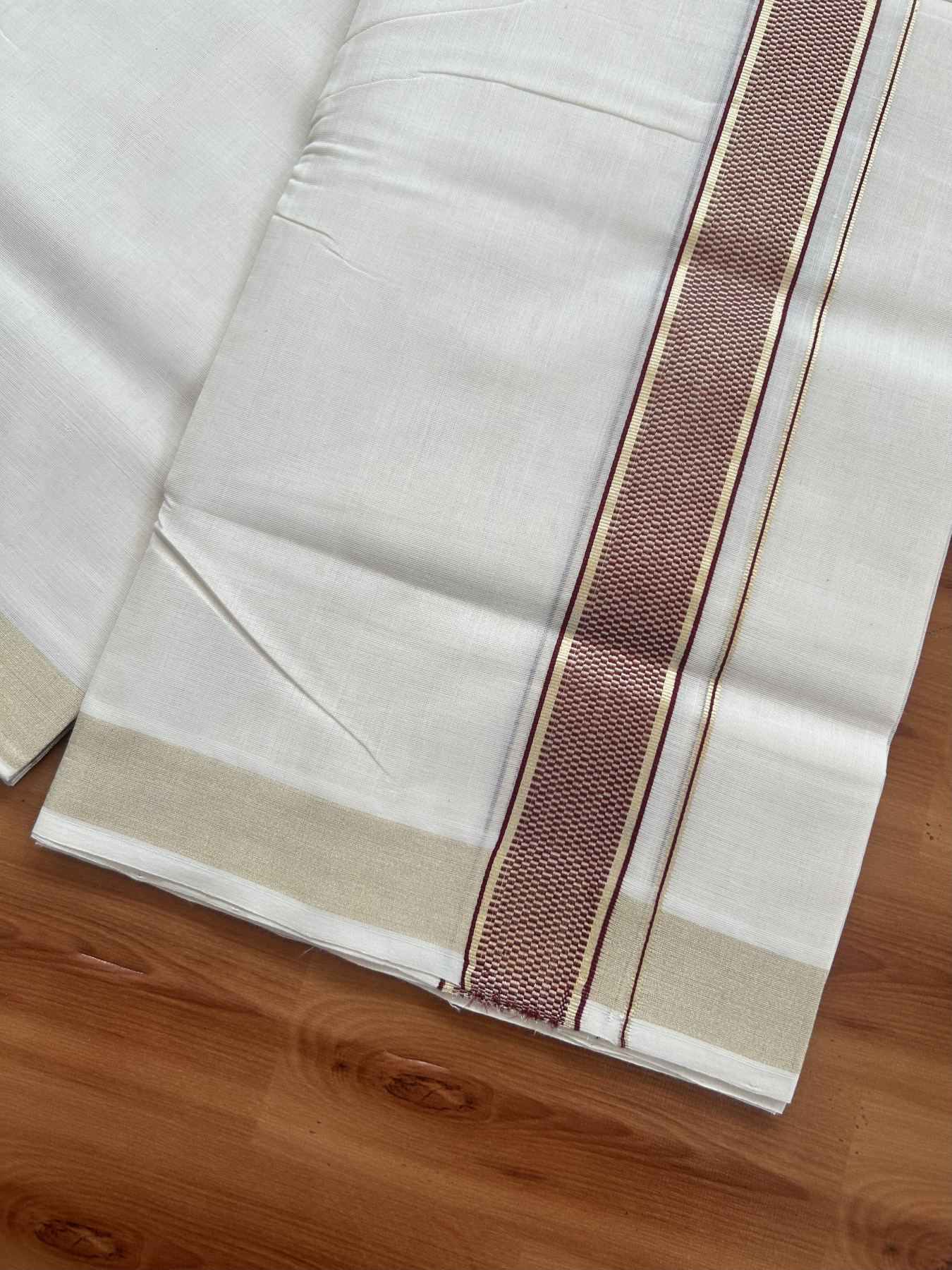 25% Discount ! Kaitharikada Handloom Unakkupaav - Kerala Handloom - 100% Pure Cotton Off White - (Unbleached) Double Mund/Dhoti - 100x80 - 1.5 inch Gold Kasav & Maroon Jacquard Design Kara 4 mtr (8.5 Muzham) - 27 KK5384 ABH