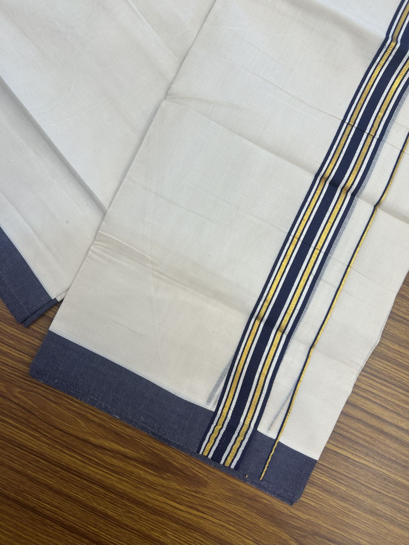 20% Discount! Kaitharikada Balaramapuram Double Off White Mundu/Dhoti - 80s - 1.5 Inch Gold Kasav & Navy Blue Shaded Stripes Kara 4 mtr (8.5 muzham) - 33 KK5311 VAS
