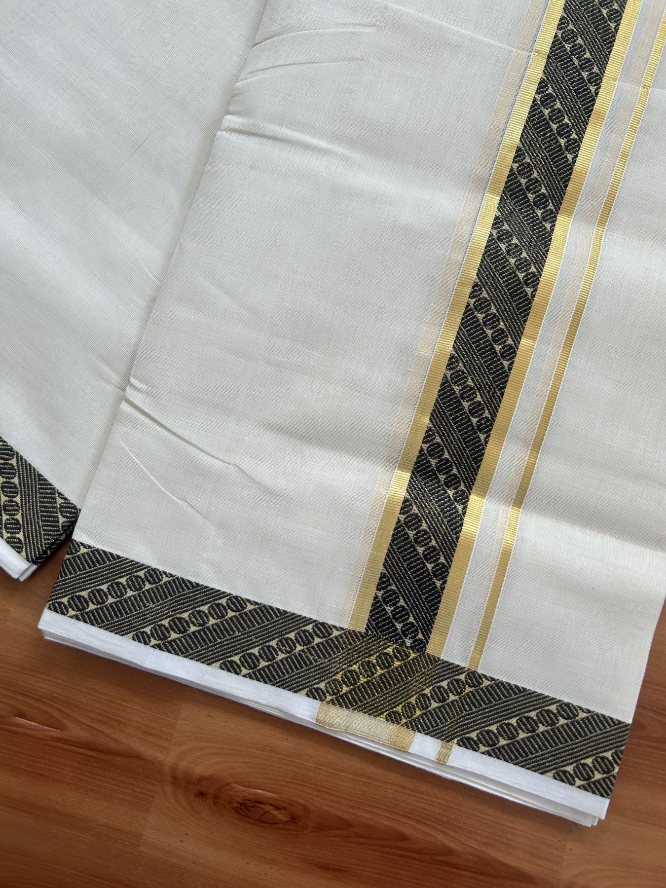 25% Discount ! Kaitharikada Handloom Unakkupaav - Kerala Handloom - 100% Pure Cotton Off White - (Unbleached) Double Mund/Dhoti - 100x80 - 1.75 inch Gold Kasav & Black Jacquard Design Kara 4 mtr (8.5 Muzham) - 40 KK5384 ABH