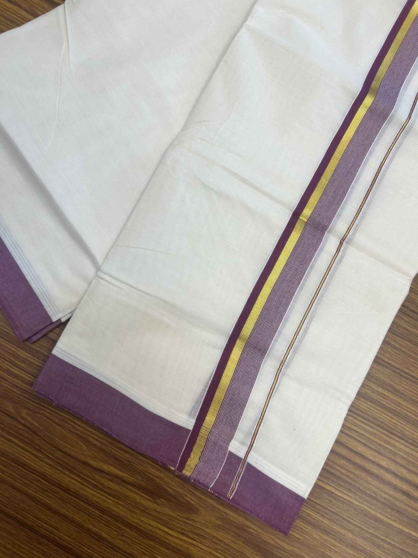 20% Discount! Kaitharikada Balaramapuram Double Off White Mundu/Dhoti - 80s - 1.25 Inch Gold Kasav & Grape Purple Stripes Kara 4 mtr (8.5 muzham) - 2 KK5311 VAS