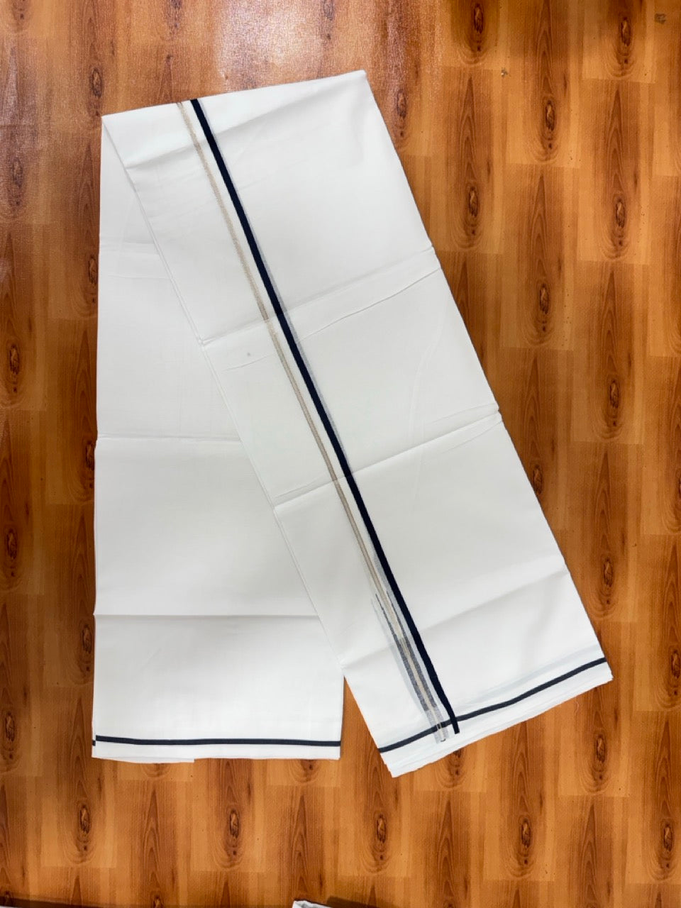 Pure white Double Mundu/Dhoti - 20% Discount! KaithariKada 100% Cotton - 100X80 - 6mm Dark Navy Silver Kasav Chutty Kara - 3.90 mtr (8.5 muzham) - 2 KK5481 MC