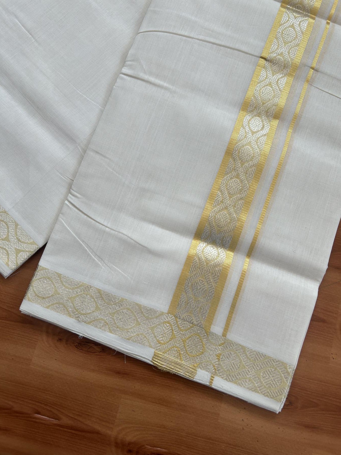 25% Discount ! KaithariKada Handloom Unakkupaav Kerala Handloom - 100% Pure Cotton Off White (Unbleached) Double Mundu/Dhoti - 100x80 - 1.5 Inch Gold & Silver kasav Jacquard Design Kara 4 mtr (8.5 muzham) - 19 KK5384 ABH