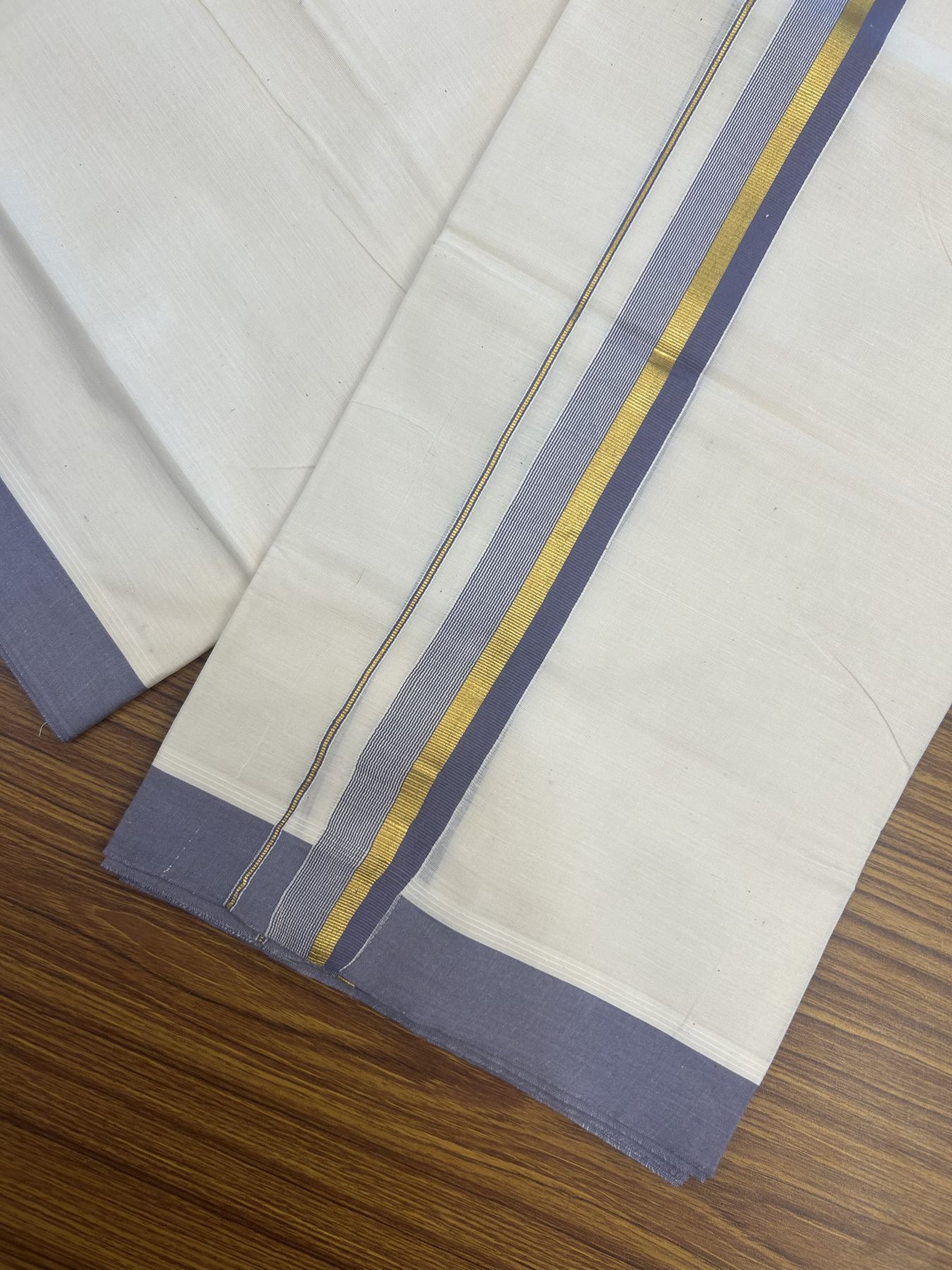 20% Discount! Kaitharikada Balaramapuram Double Off White Mundu/Dhoti - 80s - 1.25 Inch Gold Kasav & Purple Ash Stripes Kara 4 mtr (8.5 muzham) - 4 KK5311 VAS