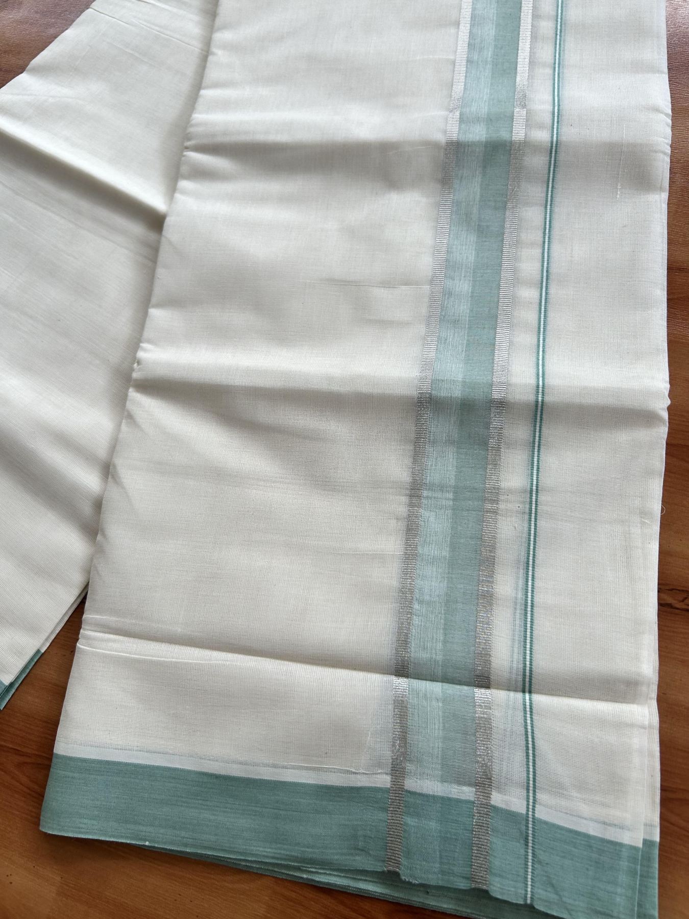Double Off White (Unbleached) Mundu/Dhoti - 20% Discount! Kaitharikada Pure Cotton - 60s - 1.5 Inch Silver Kasav & Pastel Green Shaded Kara 4 mtr (8.5 muzham) - 48 KK5460 PMC