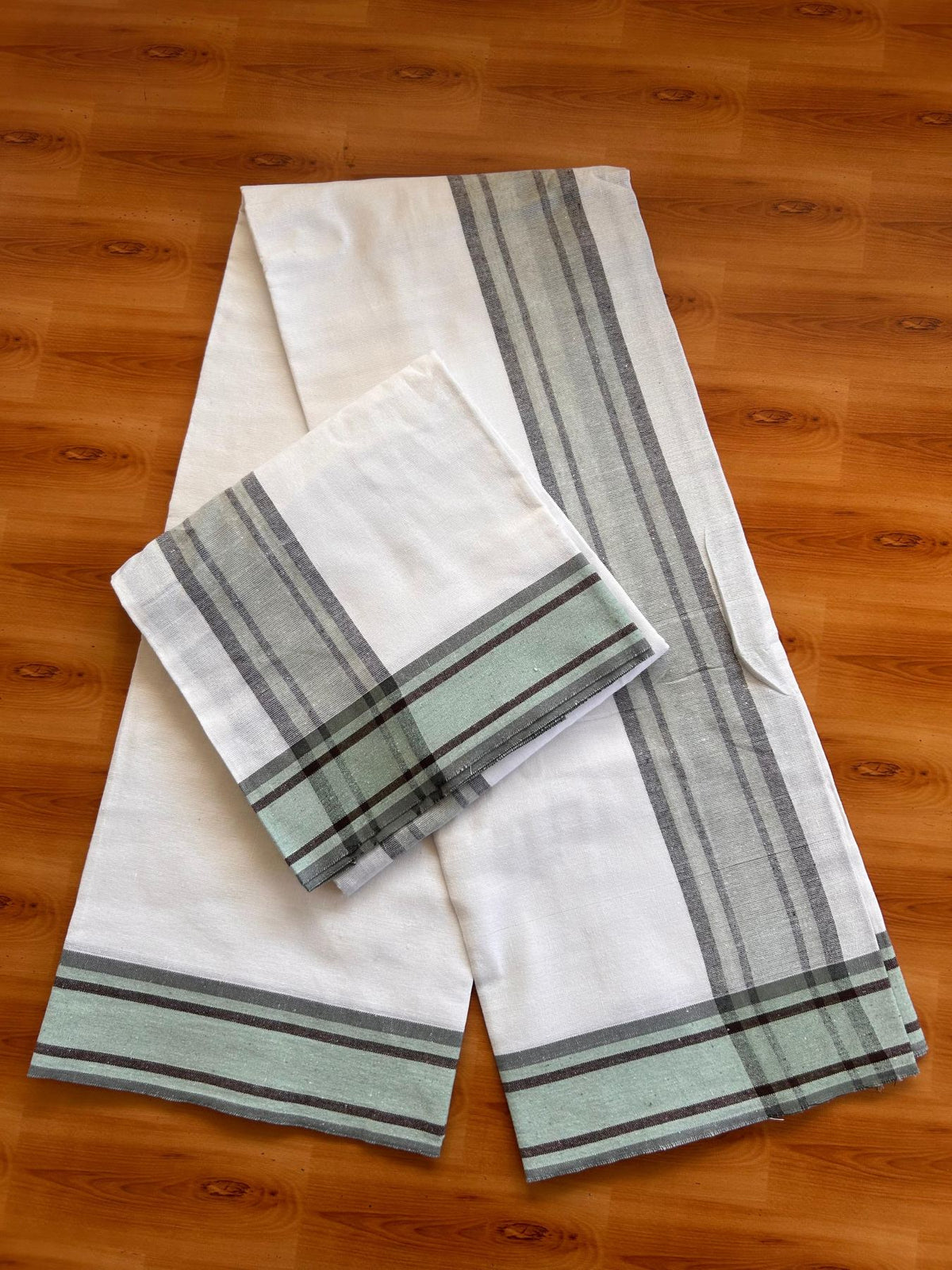 Kaitharikada Mixed cotton - Soft & Thick material - 2/40s thread - Single Lungi / Kaily & Neriyath set - 3.5 inch Light Cyan & Brown striped kara With White Colour Body (2 meter / 4 muzham) - 7 KK8092 SAT