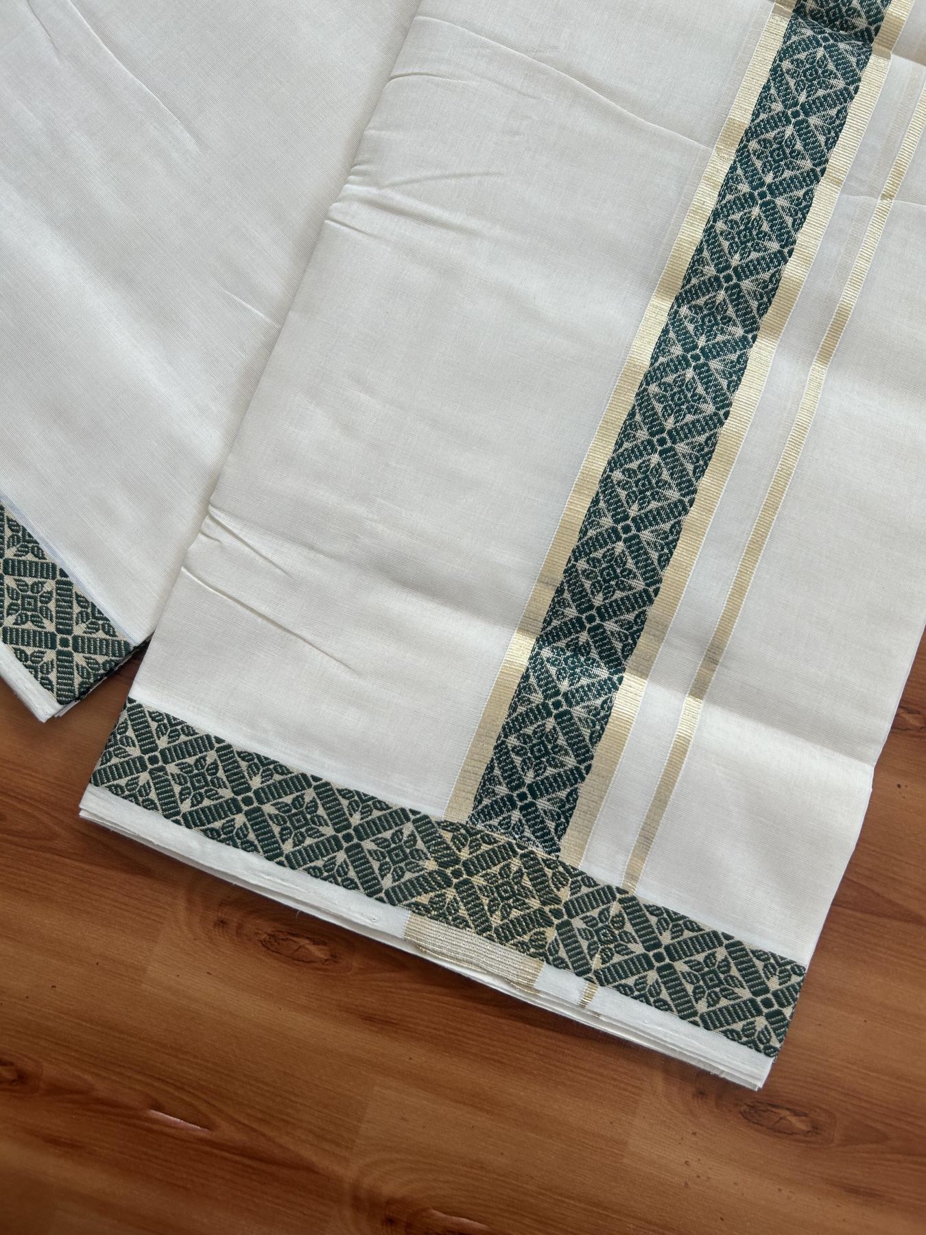 25% Discount ! Kaitharikada Handloom Unakkupaav - Kerala Handloom - 100% Pure Cotton Off White - (Unbleached) Double Mund/Dhoti - 100x80 - 1.75 inch Light Gold Kasav & Green Jacquard Design Kara 4 mtr (8.5 Muzham) - 37 KK5384 ABH