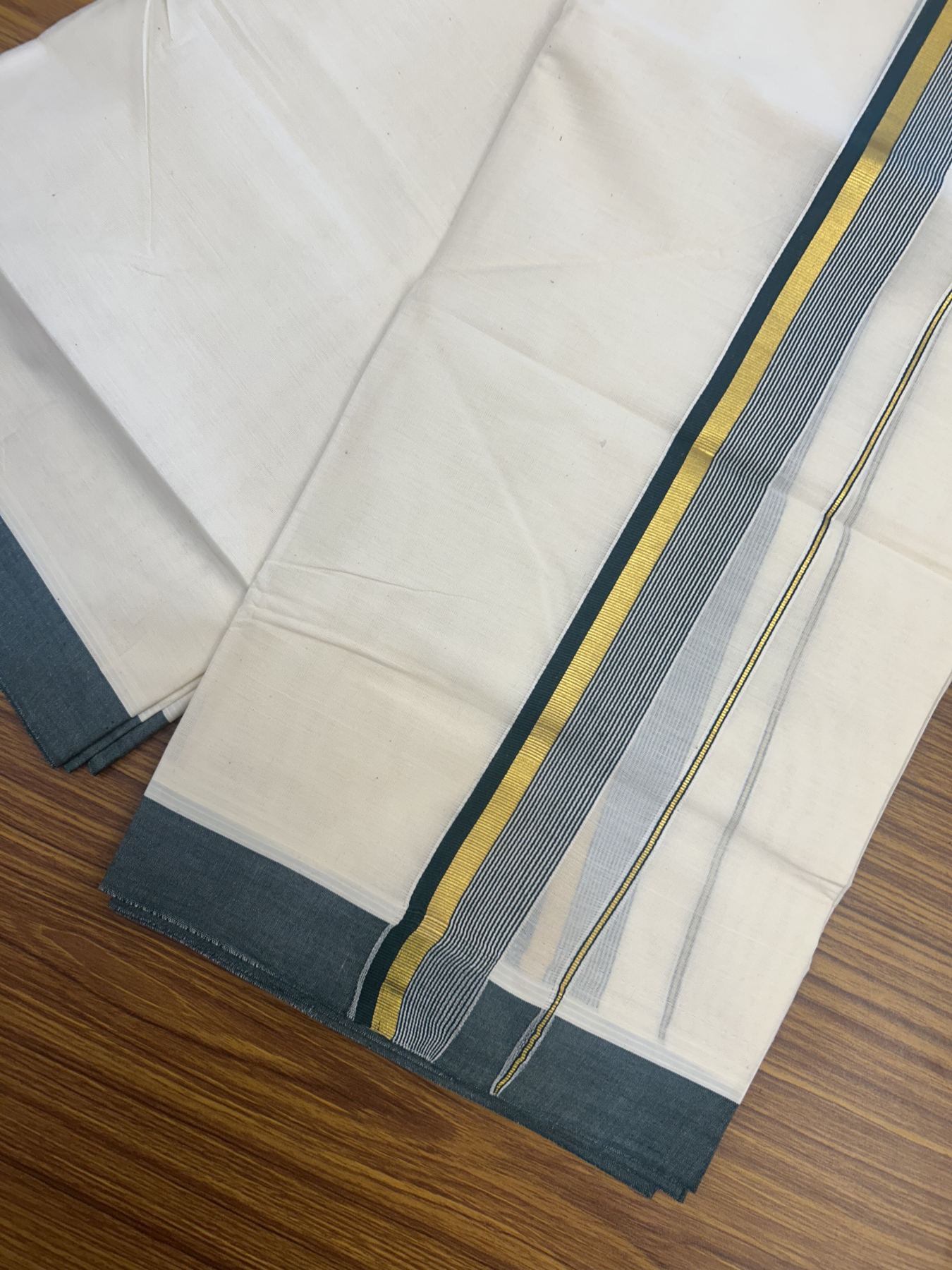 20% Discount! Kaitharikada Balaramapuram Double Off White Mundu/Dhoti - 80s - 1.25 Inch Gold Kasav & Dark Green Stripes Kara 4 mtr (8.5 muzham) - 7 KK5311 VAS