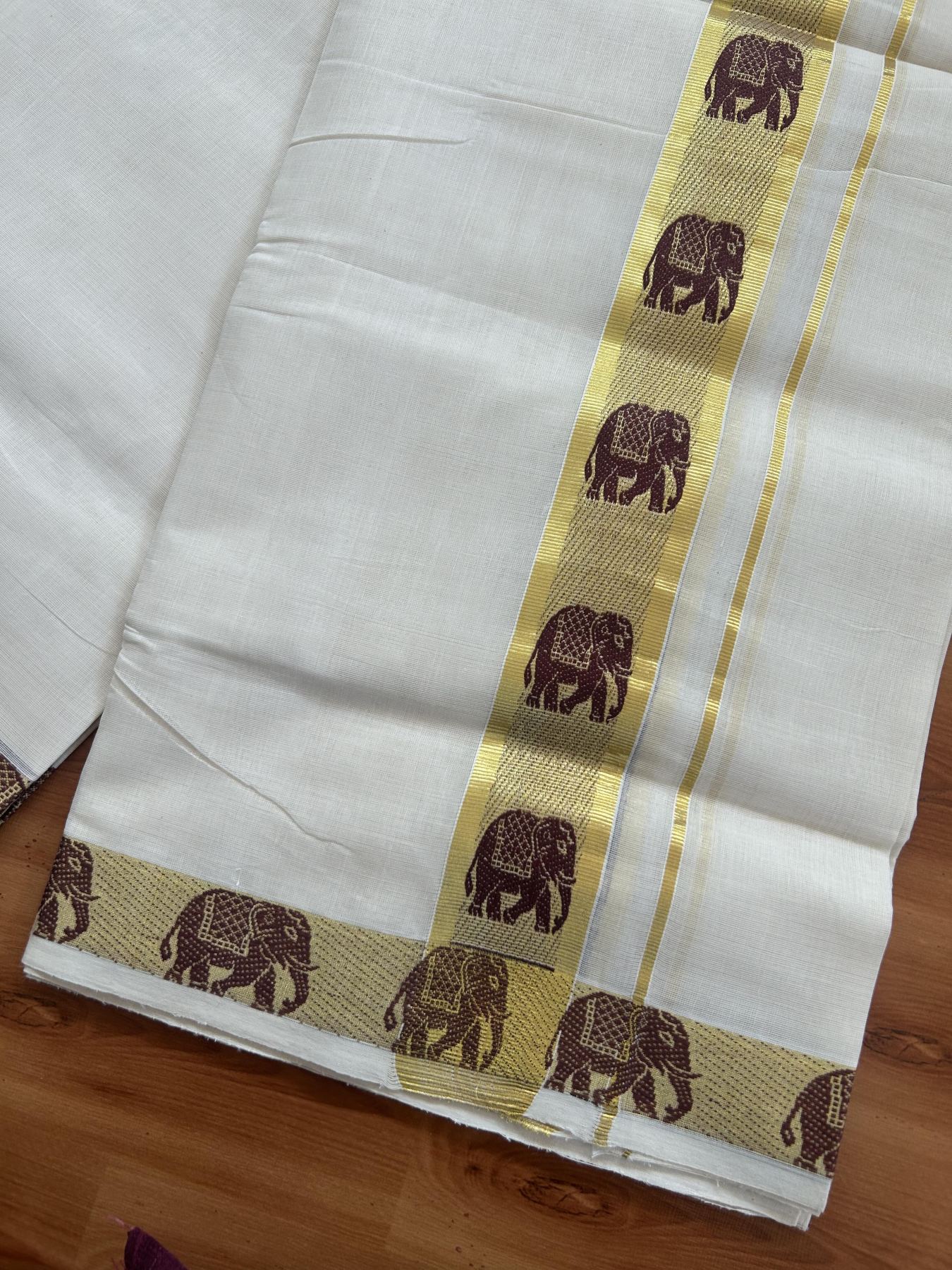 25% Discount ! Kaitharikada Handloom Unakkupaav - Kerala Handloom - 100% Pure Cotton Off White - (Unbleached) Double Mund/Dhoti - 100x80 - 1.75 inch Gold Kasav Elephant Jacquard Design Kara 4 mtr (8.5 Muzham) - 39 KK5384 ABH