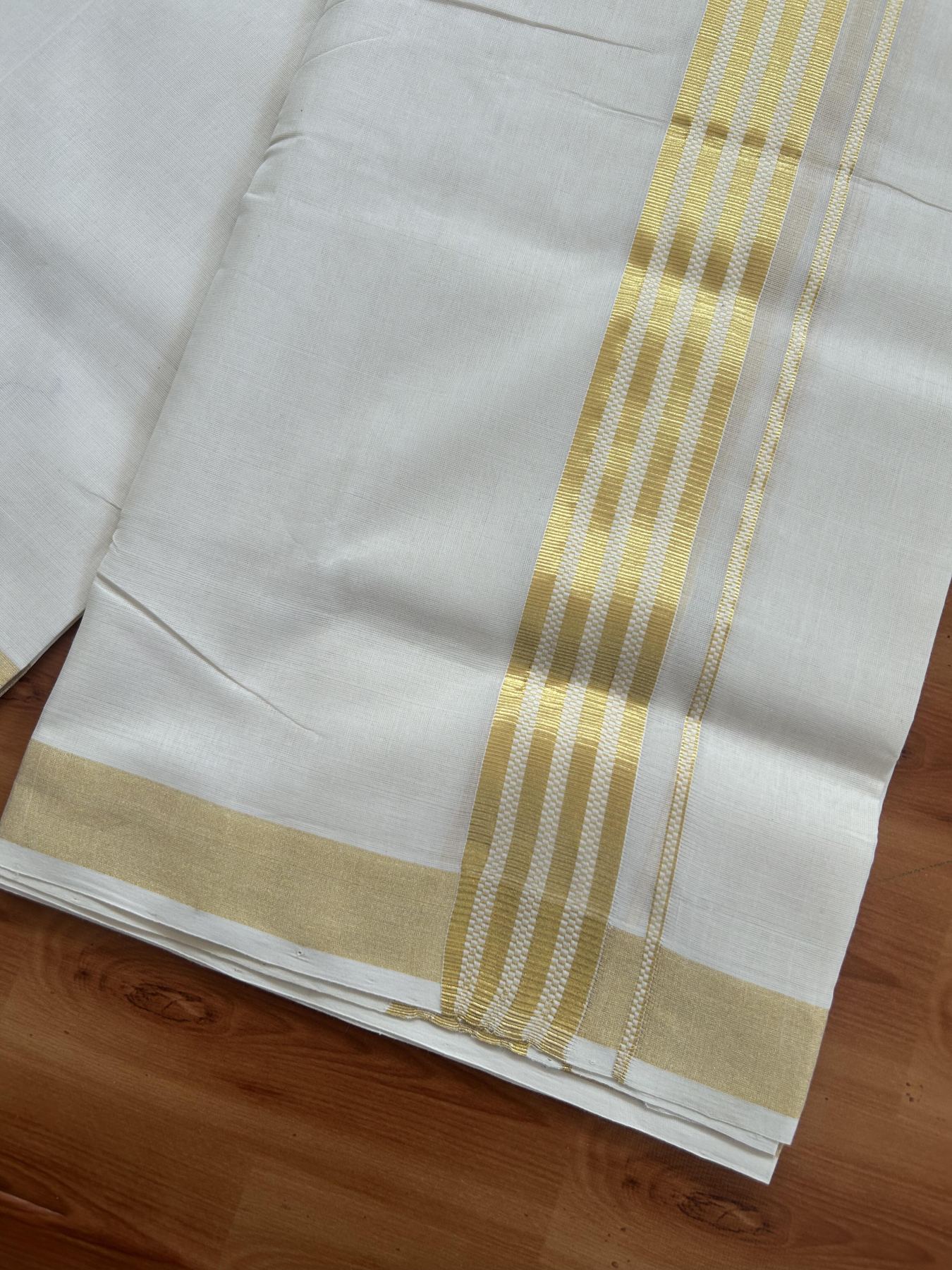 25% Discount ! KaithariKada Handloom Unakkupaav Kerala Handloom - 100% Pure Cotton Off White (Unbleached) Double Mundu/Dhoti - 100x80 - 1.75 Inch Gold Kasav Striped Design Kara 4 mtr (8.5 muzham) - 22 KK5384 ABH