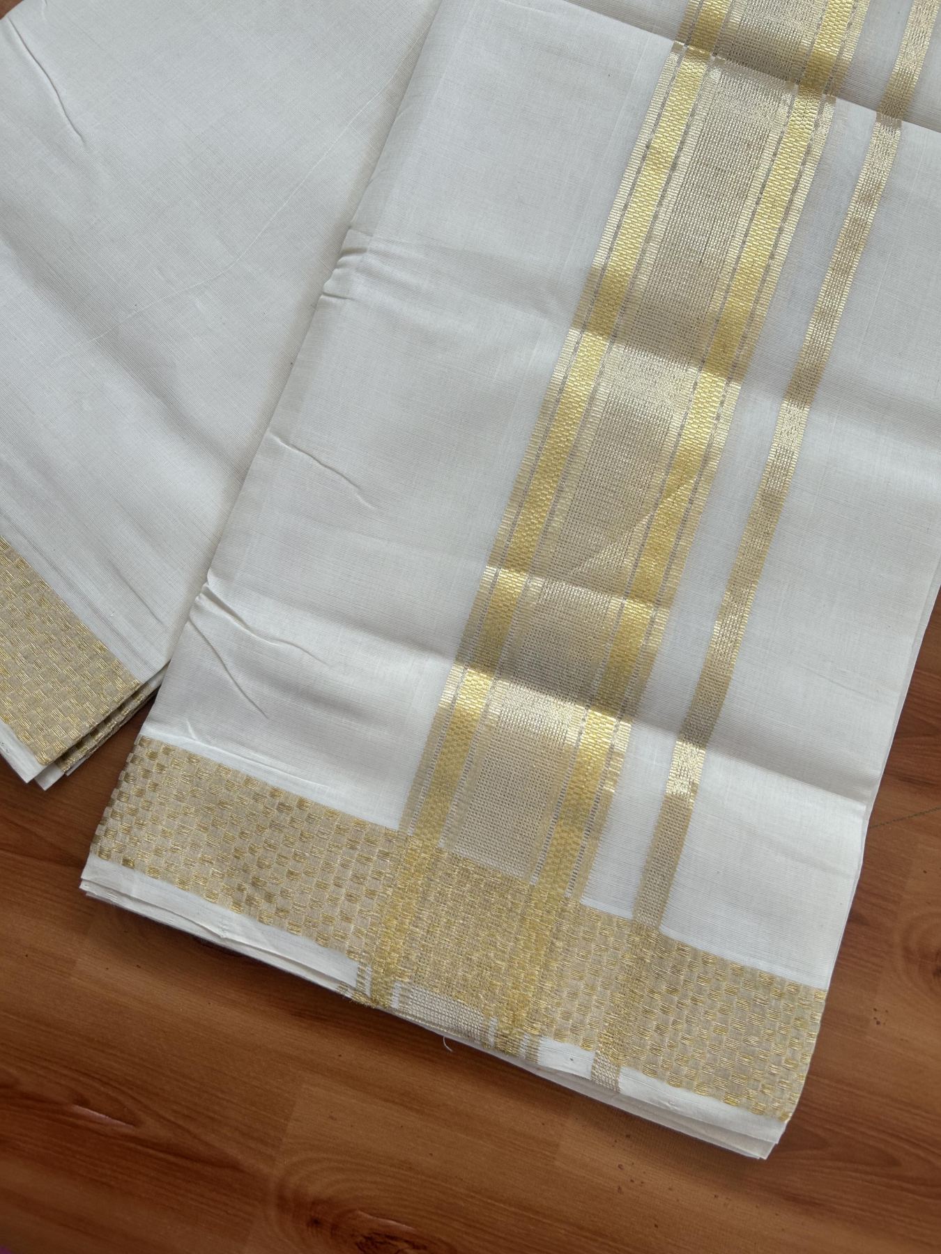 25% Discount ! KaithariKada Handloom Unakkupaav Kerala Handloom - 100% Pure Cotton Off White (Unbleached) Double Mundu/Dhoti - 100x80 - 2.5 Inch Light Gold Kasav Striped Jacquard Design Kara 4 mtr (8.5 muzham) - 24 KK5384 ABH