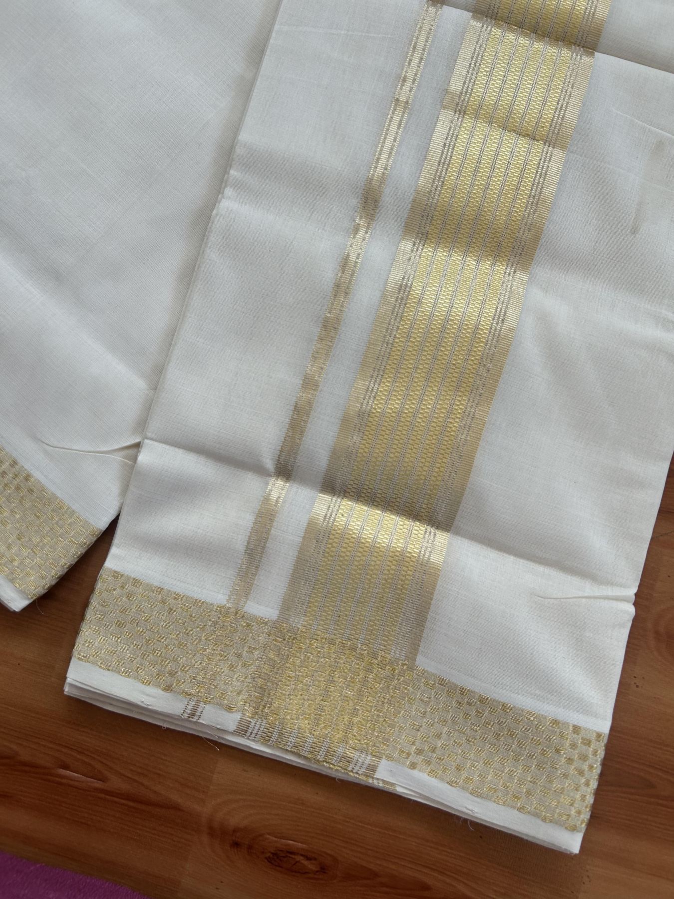 25% Discount ! KaithariKada Handloom Unakkupaav Kerala Handloom - 100% Pure Cotton Off White (Unbleached) Double Mundu/Dhoti - 100x80 - 2.5 Inch Light Gold Kasav Striped Jacquard Design Kara 4 mtr (8.5 muzham) - 25 KK5384 ABH
