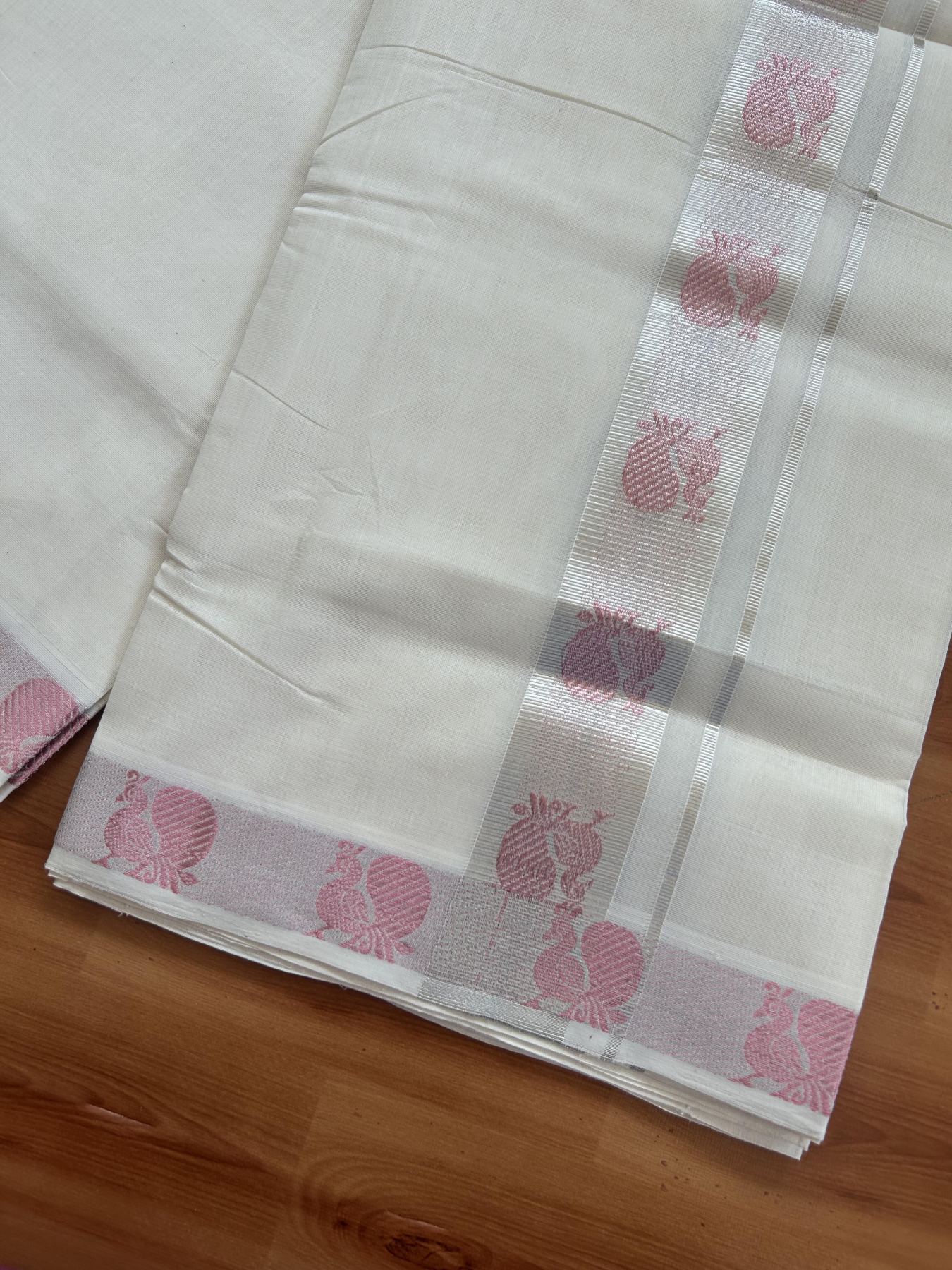 25% Discount ! Kaitharikada Handloom Unakkupaav - Kerala Handloom - 100% Pure Cotton Off White - (Unbleached) Double Mund/Dhoti - 100x80 - 1.75 inch Silver & Rose Pink Kasav Peacock Jacquard Design Kara 4 mtr (8.5 Muzham) - 38 KK5384 ABH