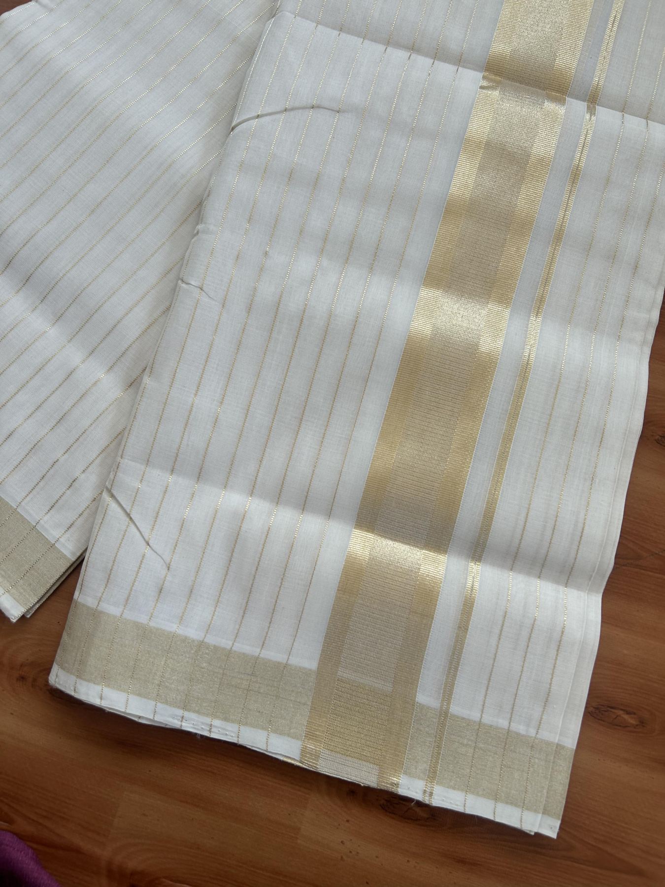 25% Discount ! KaithariKada Handloom Unakkupaav - Kerala Handloom - 100% Pure Cotton Off White - (Unbleached) Double Mundu/Dhoti - 100x80 - 2 inch Light Kasav kara with Full Body Stripes 4 mtr (8.5 Muzham) - 8 KK5384 ABH