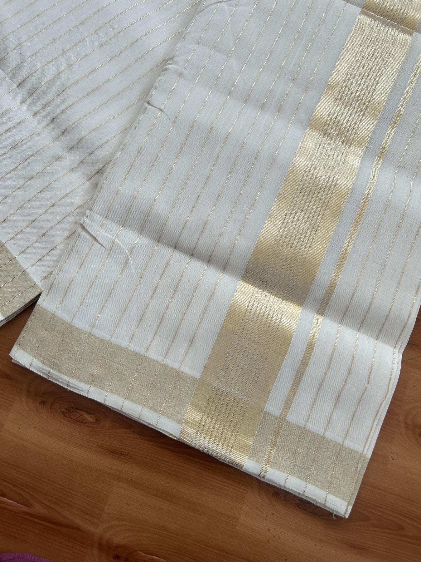 25% Discount ! KaithariKada Handloom Unakkupaav - Kerala Handloom - 100% Pure Cotton Off White - (Unbleached) Double Mundu/Dhoti - 100x80 - 2 inch Light Kasav kara with Full Body Stripes 4 mtr (8.5 Muzham) - 9 KK5384 ABH