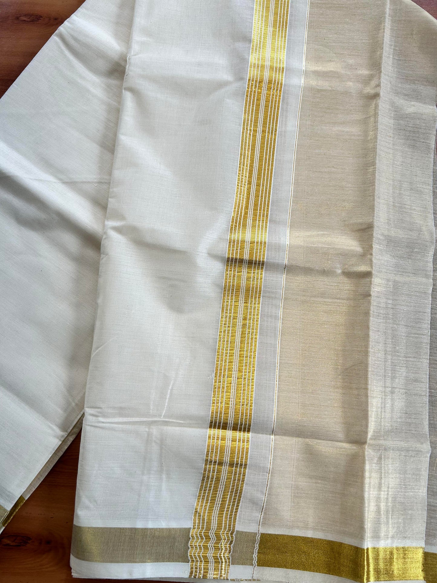 Double Off White Dhoti/Mund- 20% Discount! Kaitharikada Balaramapuram Cotton - (60s) - 7.25 Inch Gold Kasav Tissue Striped Kara 4 mtr (8.5 muzham) - 10 KK5412 GAN