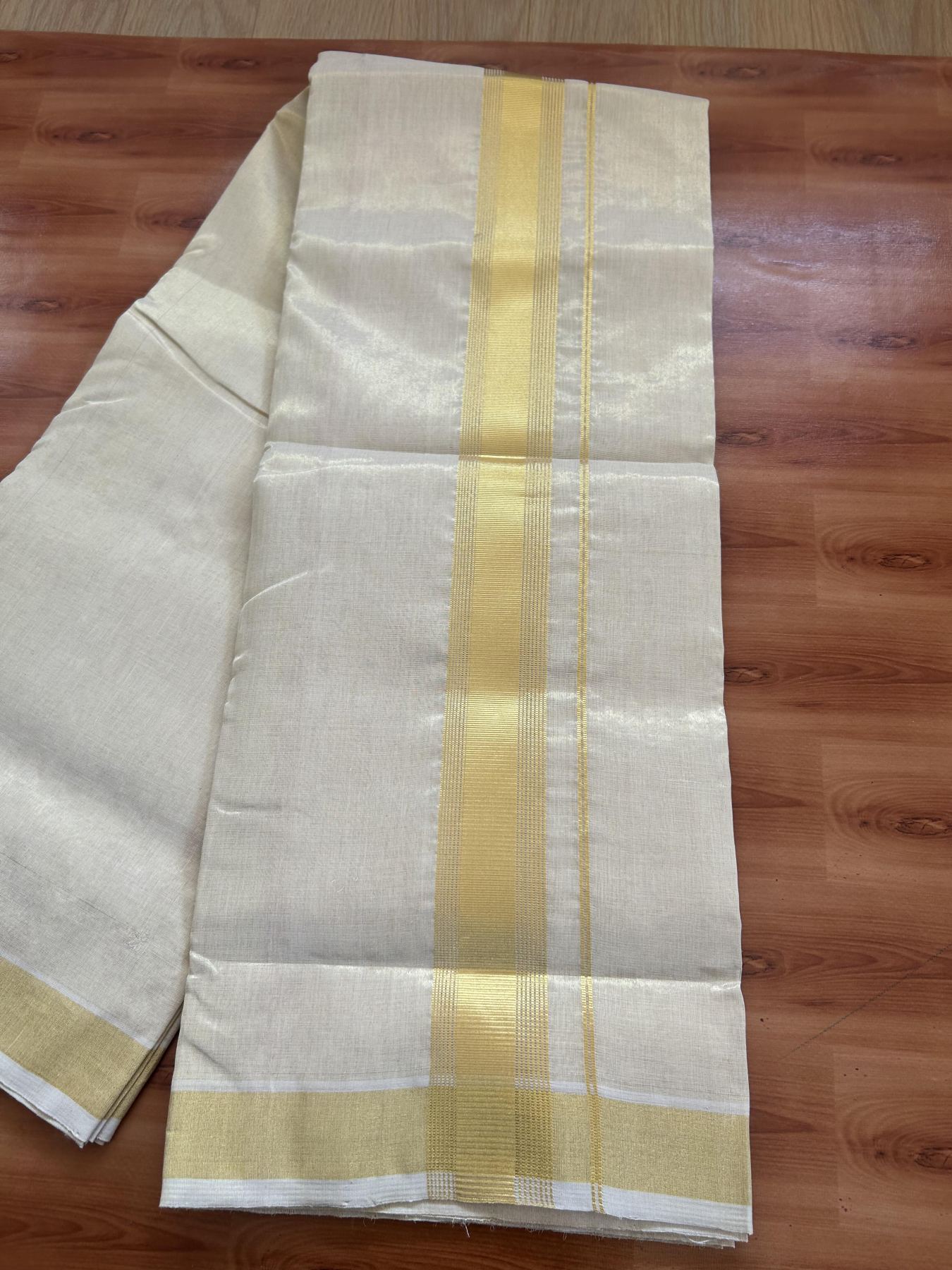 25% Discount ! KaithariKada Handloom Unakkupaav Kerala Handloom - Pure Cotton Off White - (Unbleached) Double Mundu/Dhoti - (100X80) - 2 inch Gold Kasavu Striped Tissue Body 4 mtr (8.5 Muzham) - 13 KK5384 ABH