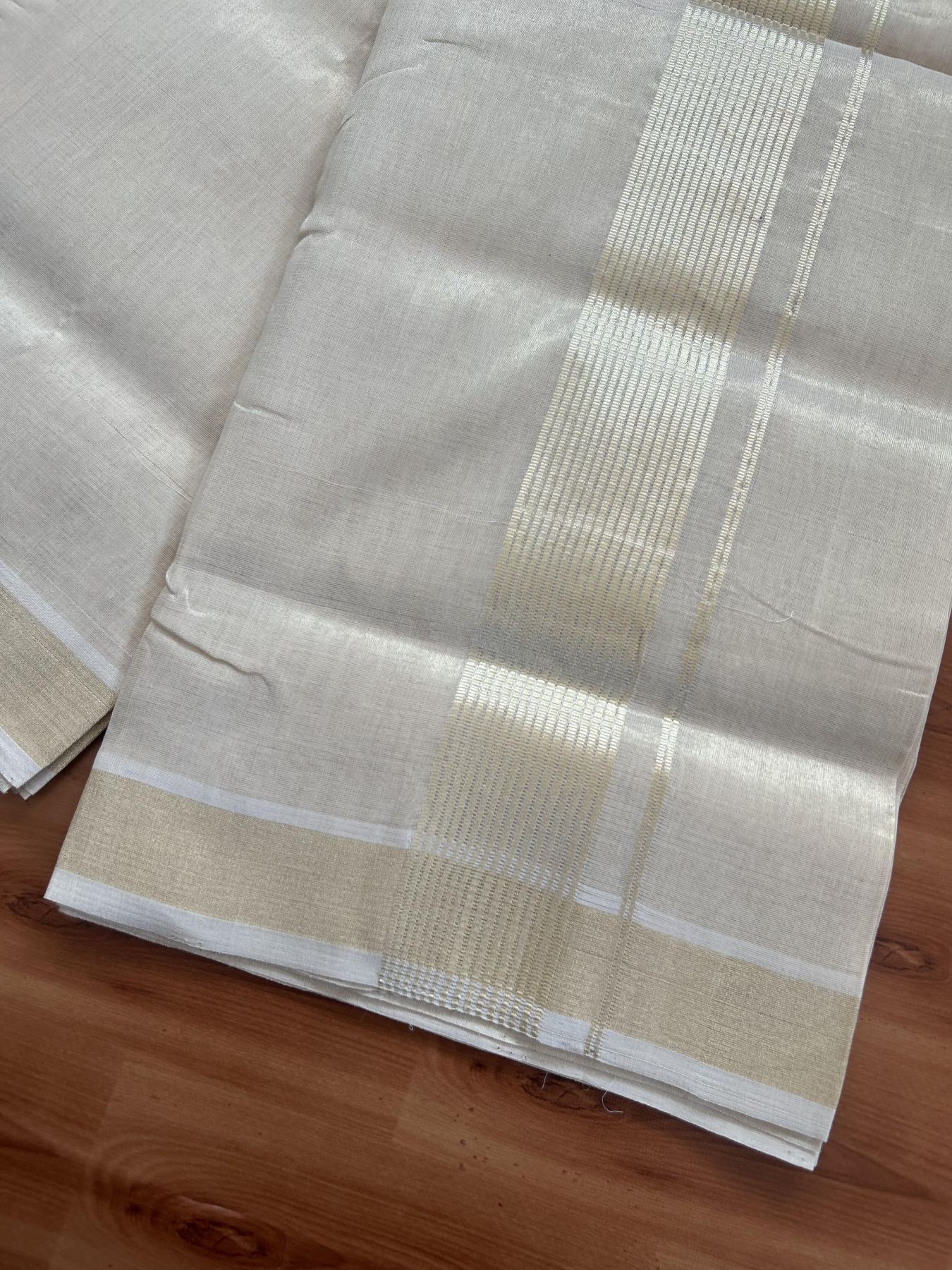 25% Discount ! KaithariKada Handloom Unakkupaav Kerala Handloom - Pure Cotton Off White - (Unbleached) Double Mundu/Dhoti - (100X80) - 2 inch Light Gold Kasavu Striped Tissue Body 4 mtr (8.5 Muzham) - 16 KK5384 ABH
